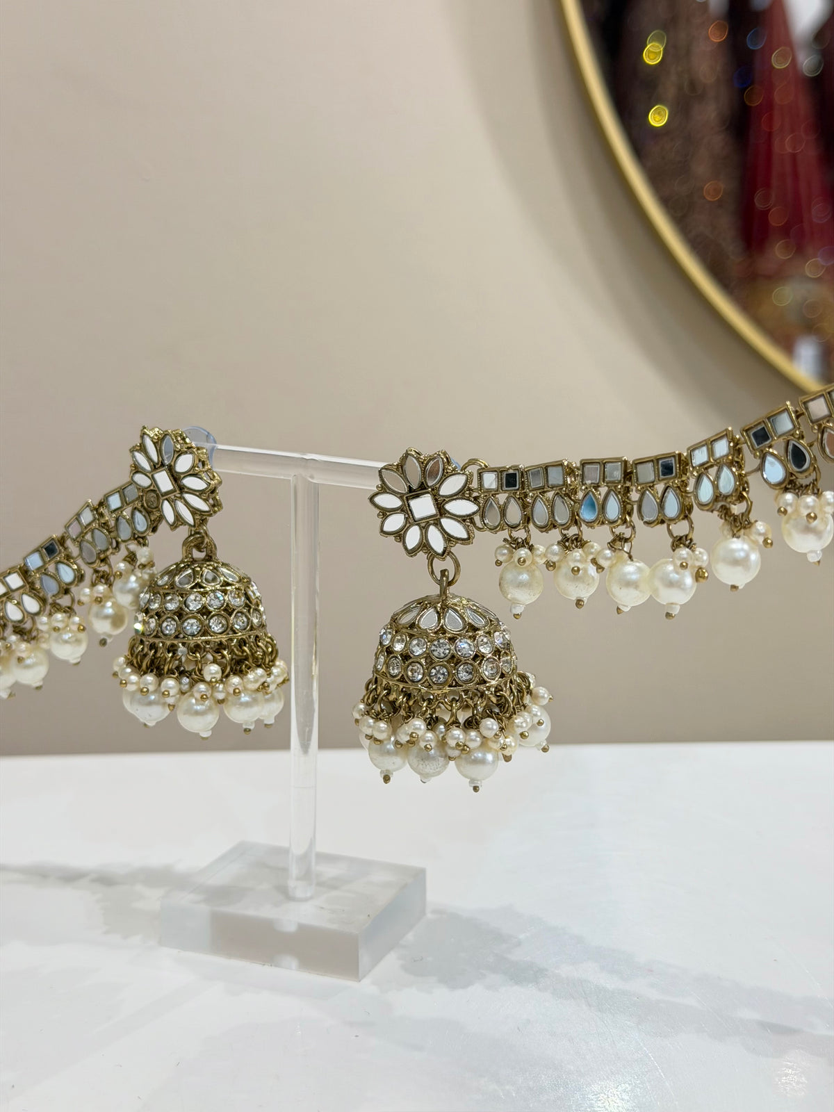 Mirror Jhumki Earrings with Chain Jewellery