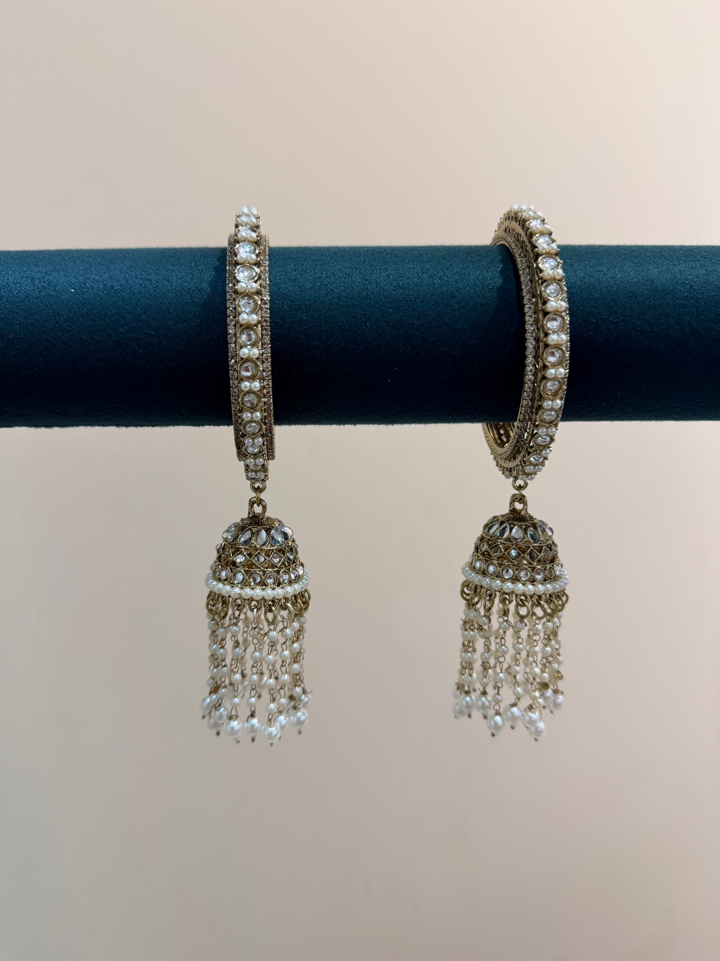 Antik-Gold Jhumka Bangles with hanging Pearls long