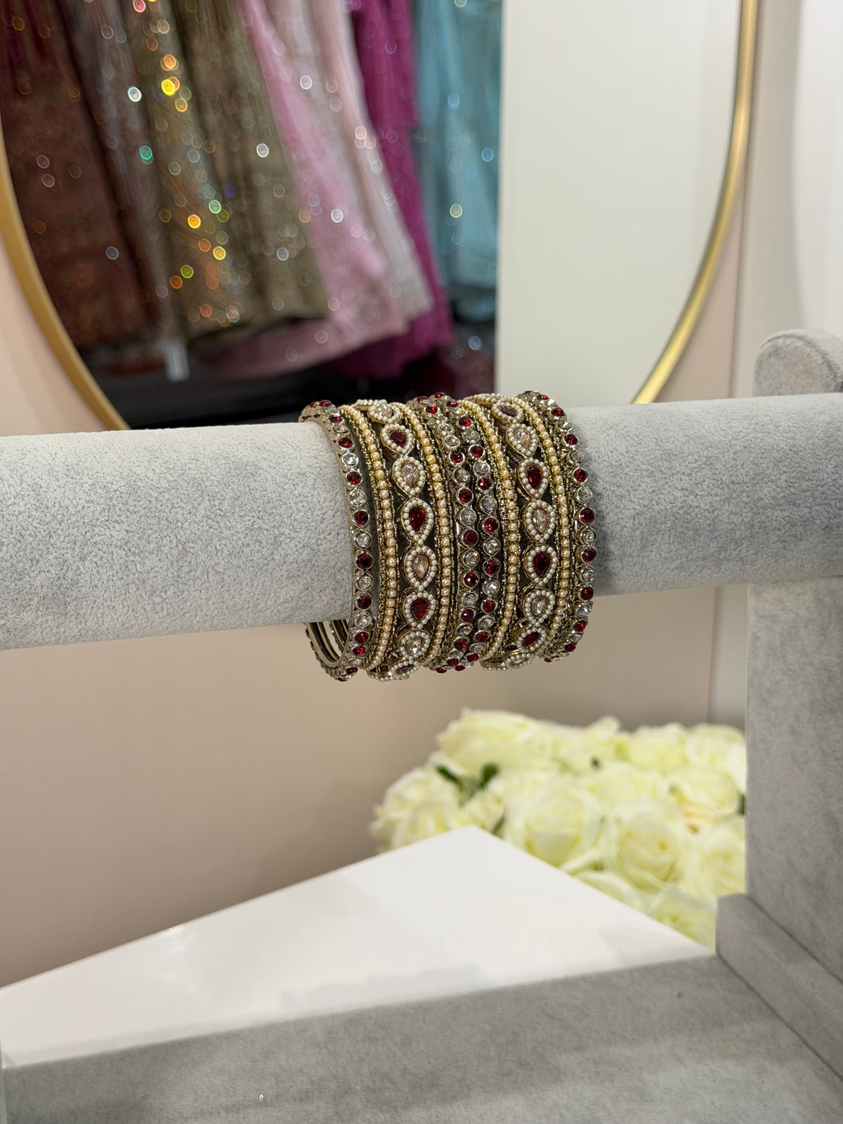 Red / Pearl Metal Bangles - 10-teilig