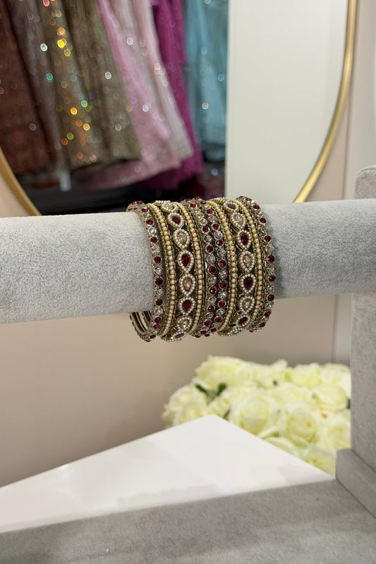 Red / Pearl Metal Bangles - 10-teilig - D5