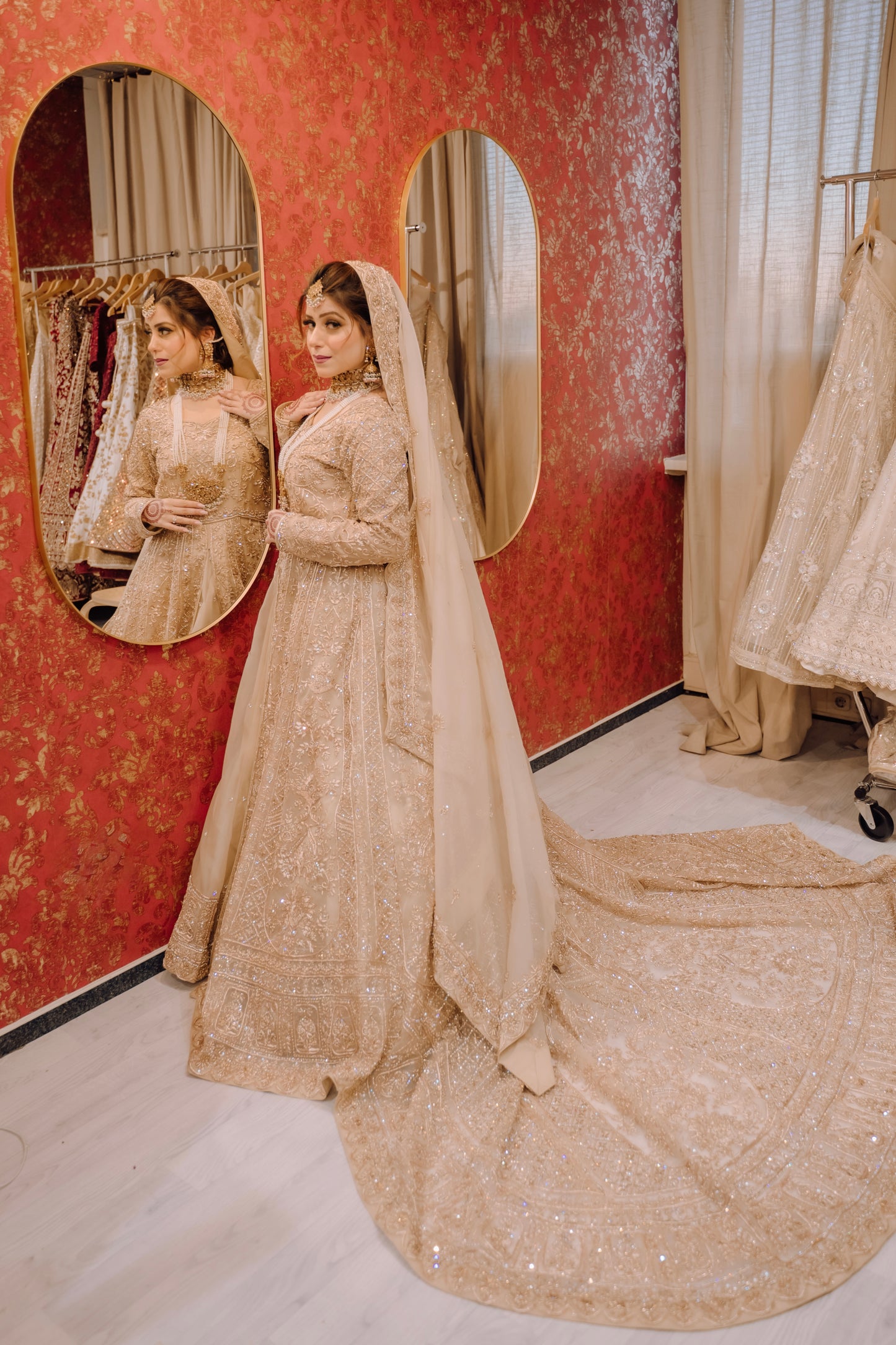 Beige / Gold Bridal Gown with Lehenga