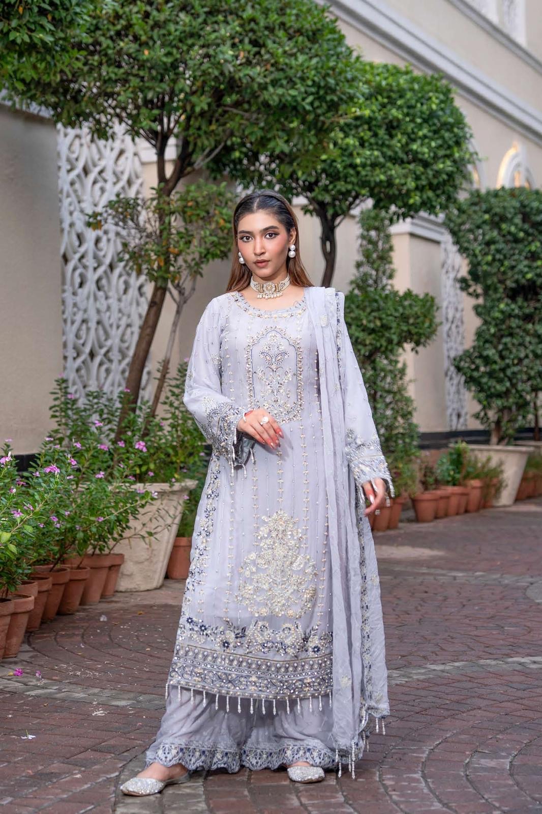 Chiffon Lux Embroidered Suit- design 9