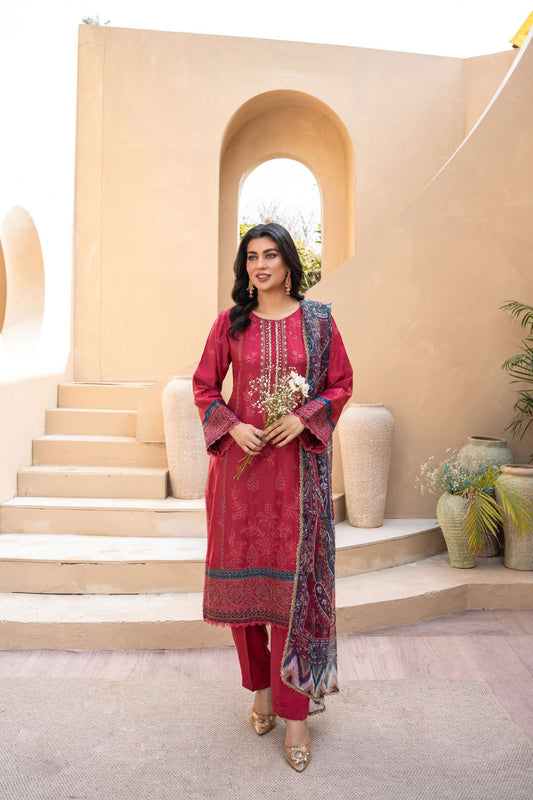 Embroidered Viscose Suit- Soft Red