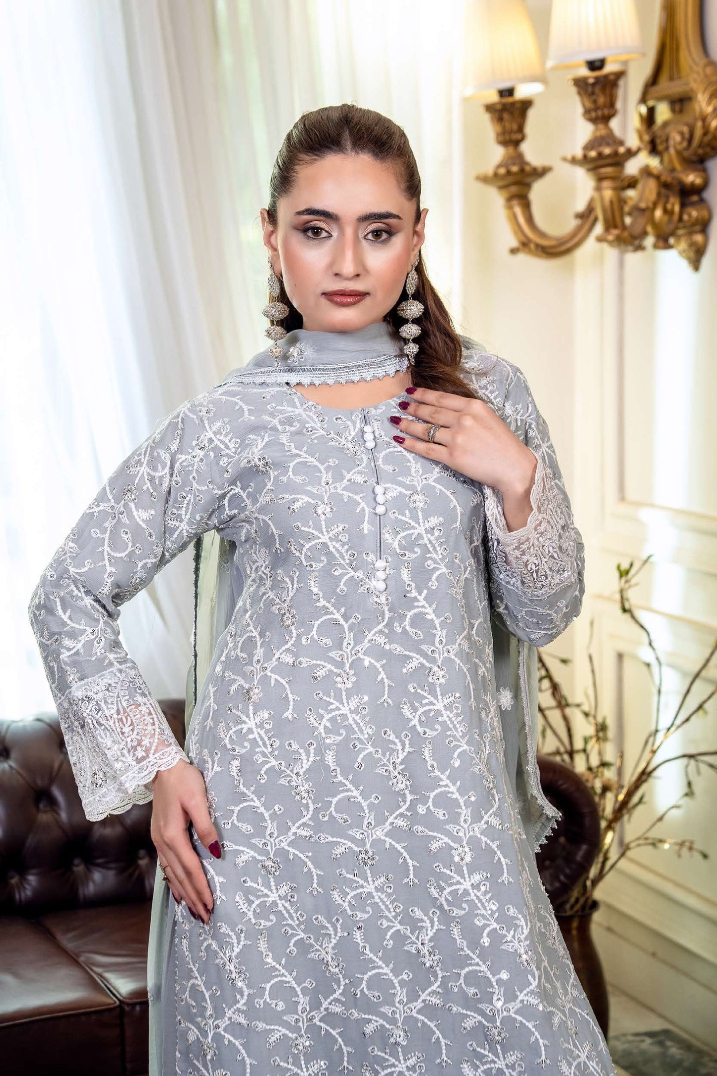 Chiffon Embroidered Suit - Grey