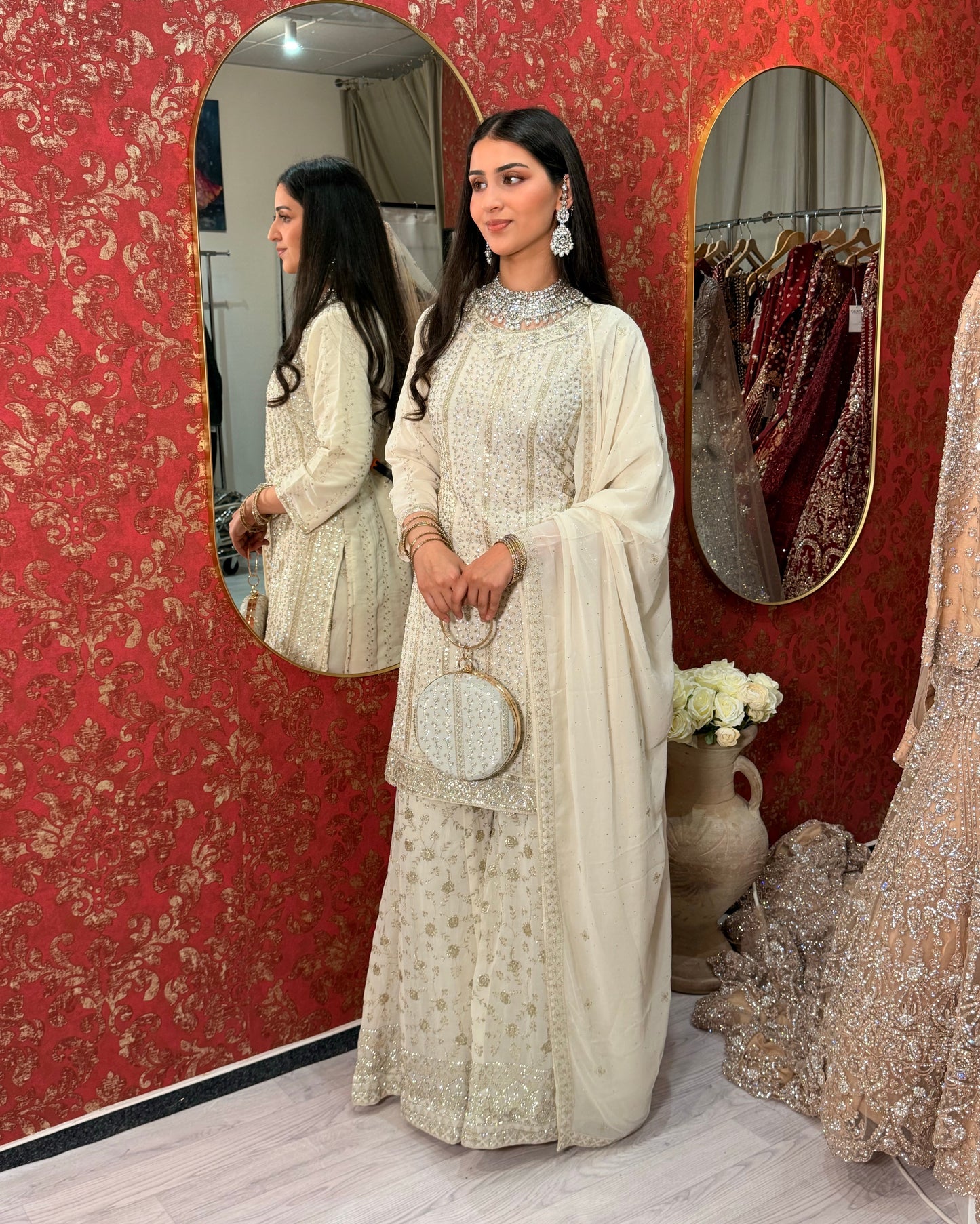 Off-White Sharara Suit with Clutch