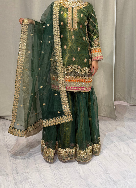 Banaras Print Forest Green Net Sharara