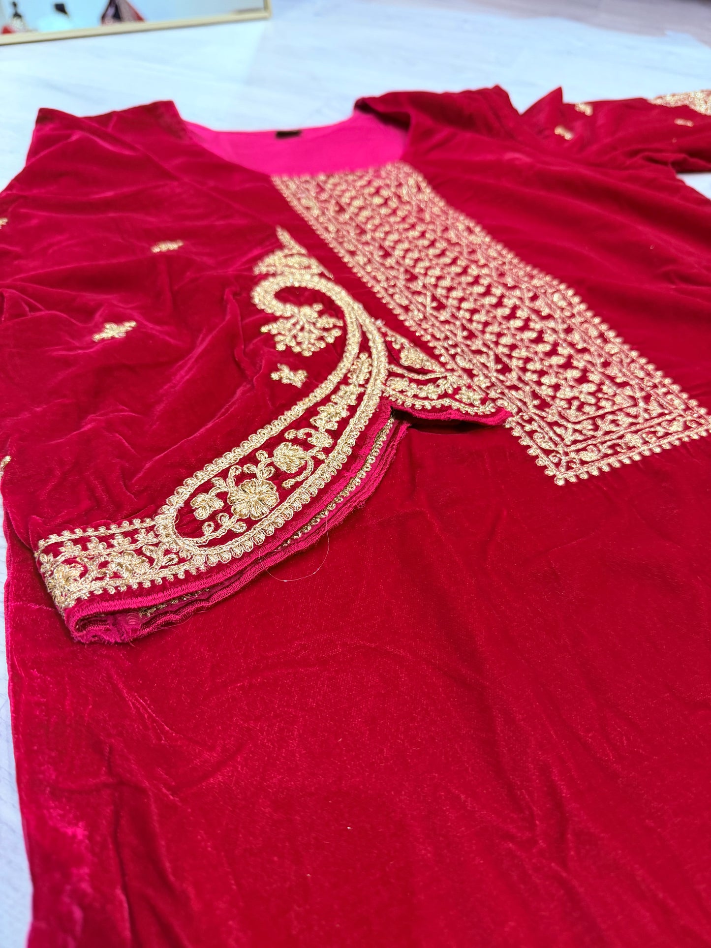 Velvet Festive 3-Piece Suit – Red- Multi colour dupatta
