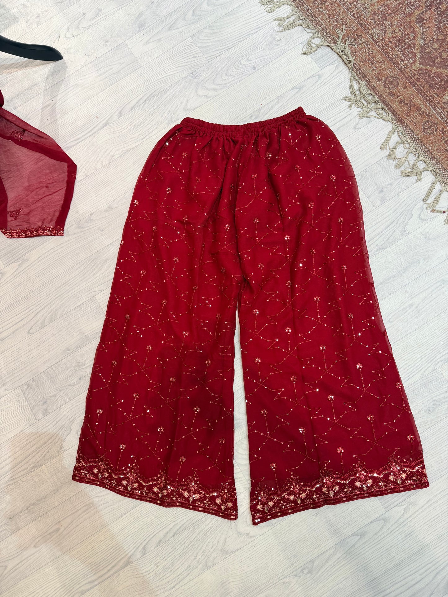 Embroidered Chiffon Sharara with work- Maroon