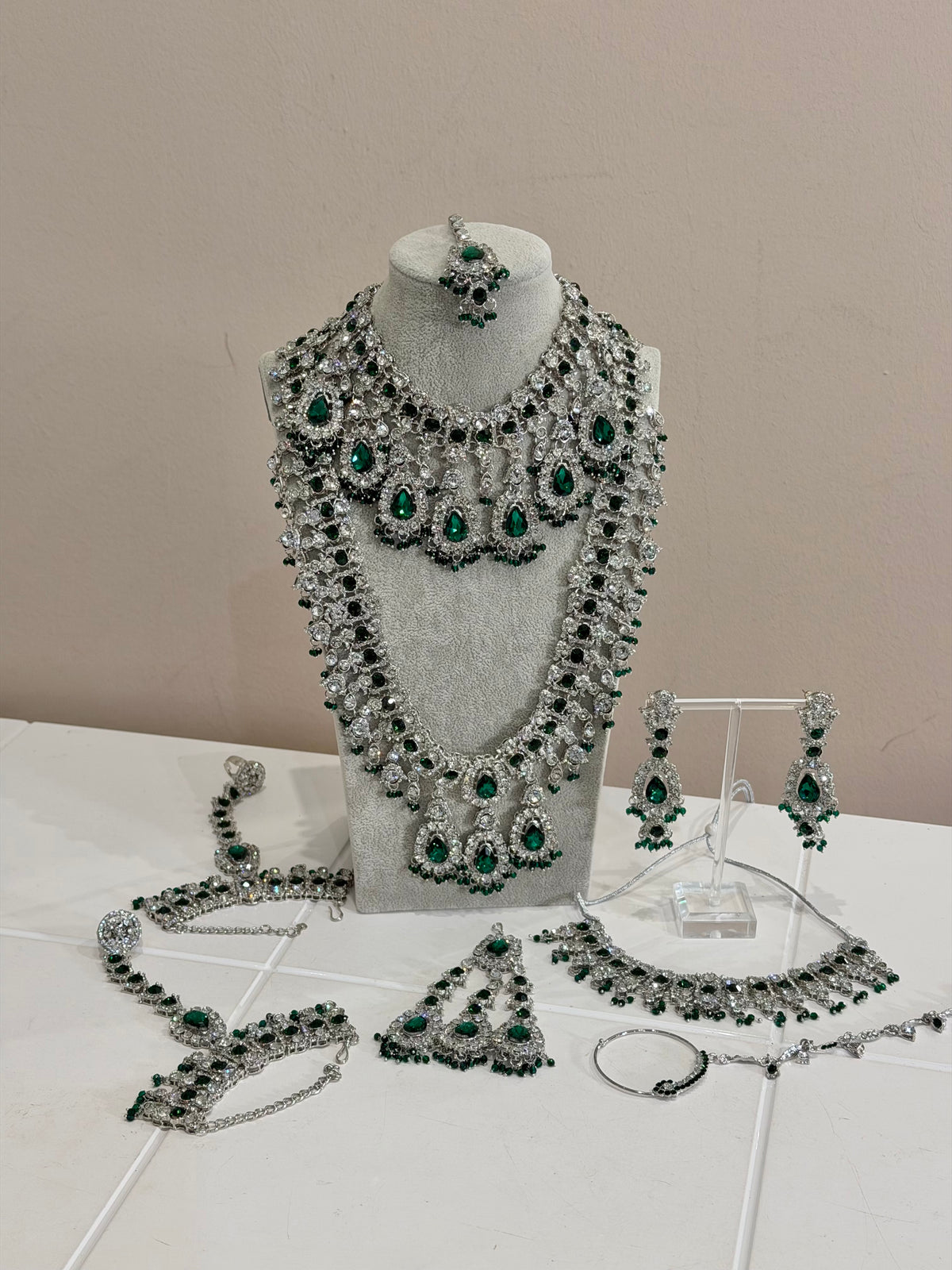Emerald Green / Silver AD Bridal Jewellery Set