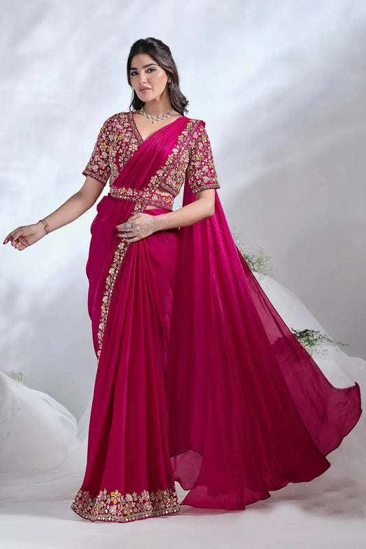 Hot Pink Satin Pre-Stitched Saree with Belt – Elegant & Easy to Wear