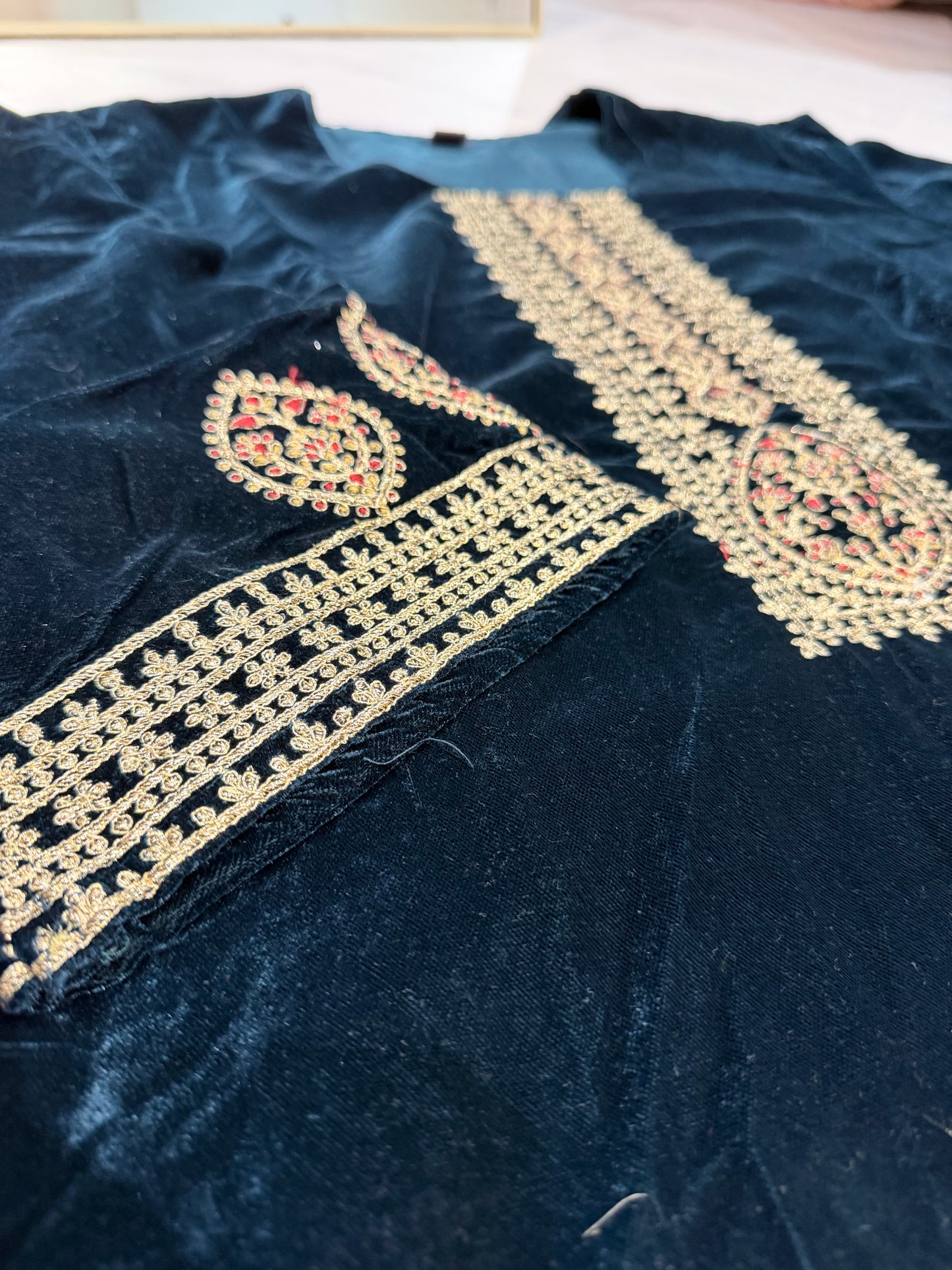 Velvet Festive 3-Piece Suit – Teal blue- Multi colour dupatta