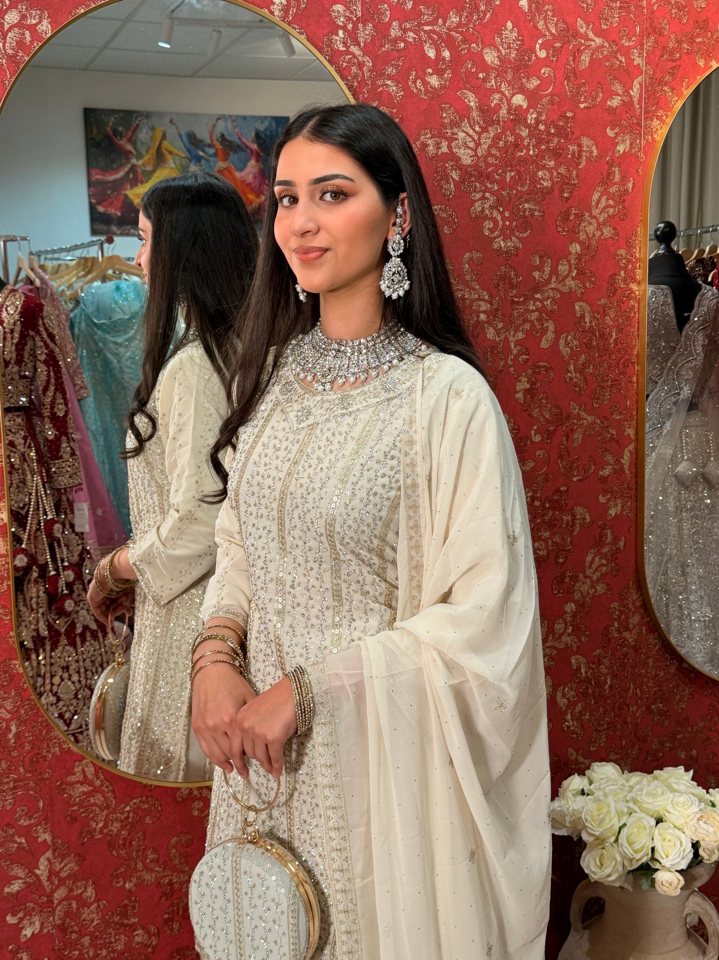 Off-White Sharara Suit with Clutch