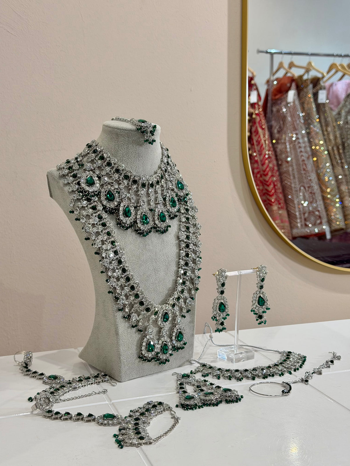 Emerald Green / Silver AD Bridal Jewellery Set
