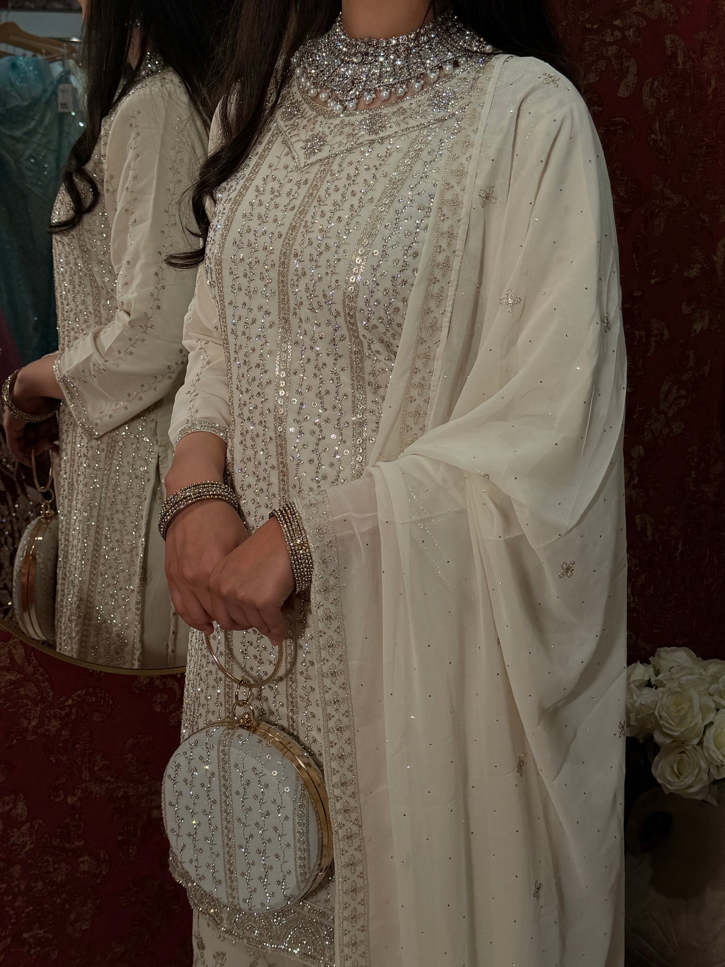 Off-White Sharara Suit with Clutch