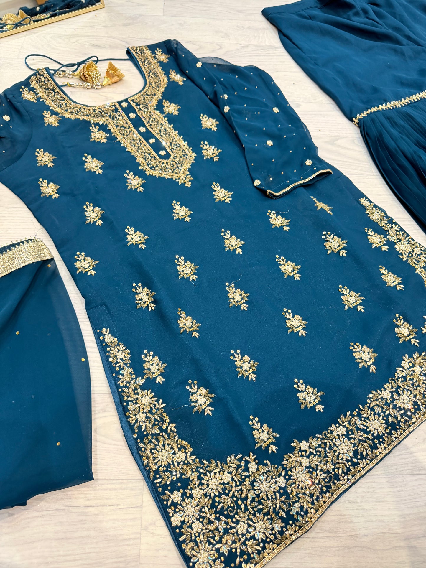 Teal Blue Elegance – Heavy Georgette Embroidery and Handwork  Sharara Suit