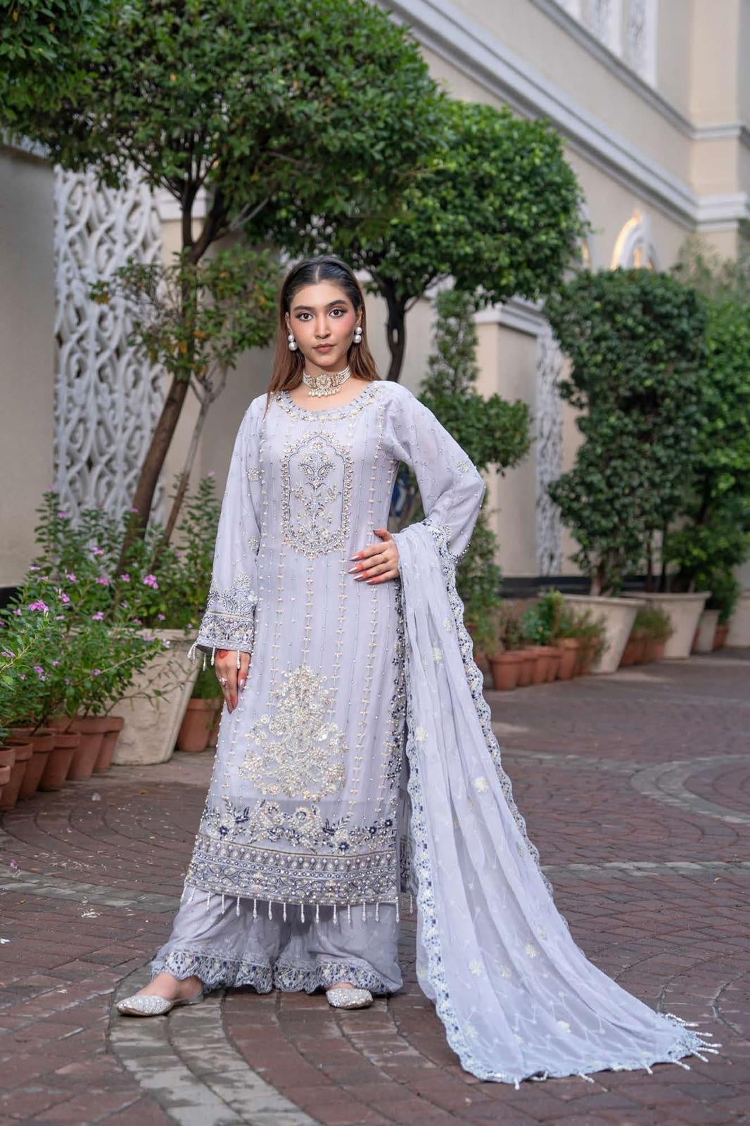Chiffon Lux Embroidered Suit- design 9