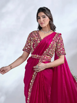 Hot Pink Satin Pre-Stitched Saree with Belt – Elegant & Easy to Wear