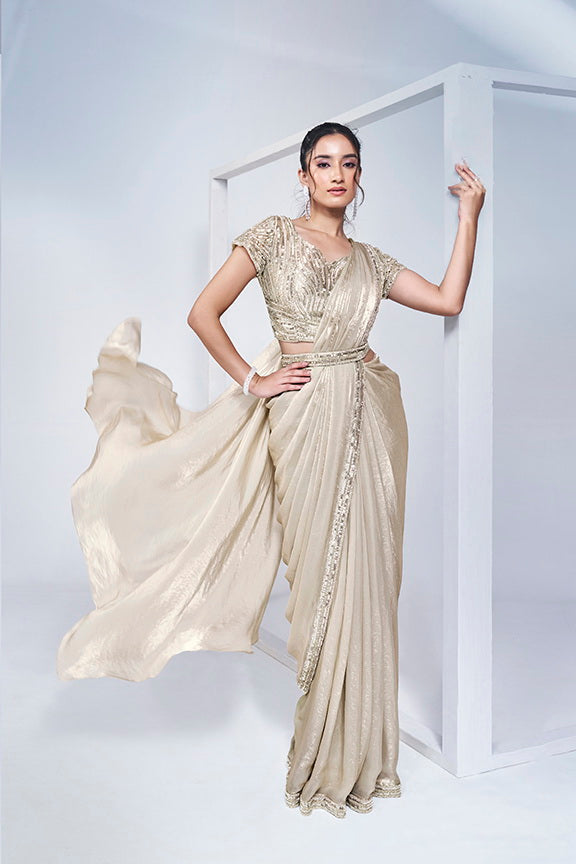 Creme Golden Satin Pre-Stitched Saree with Belt – Elegant & Easy to Wear