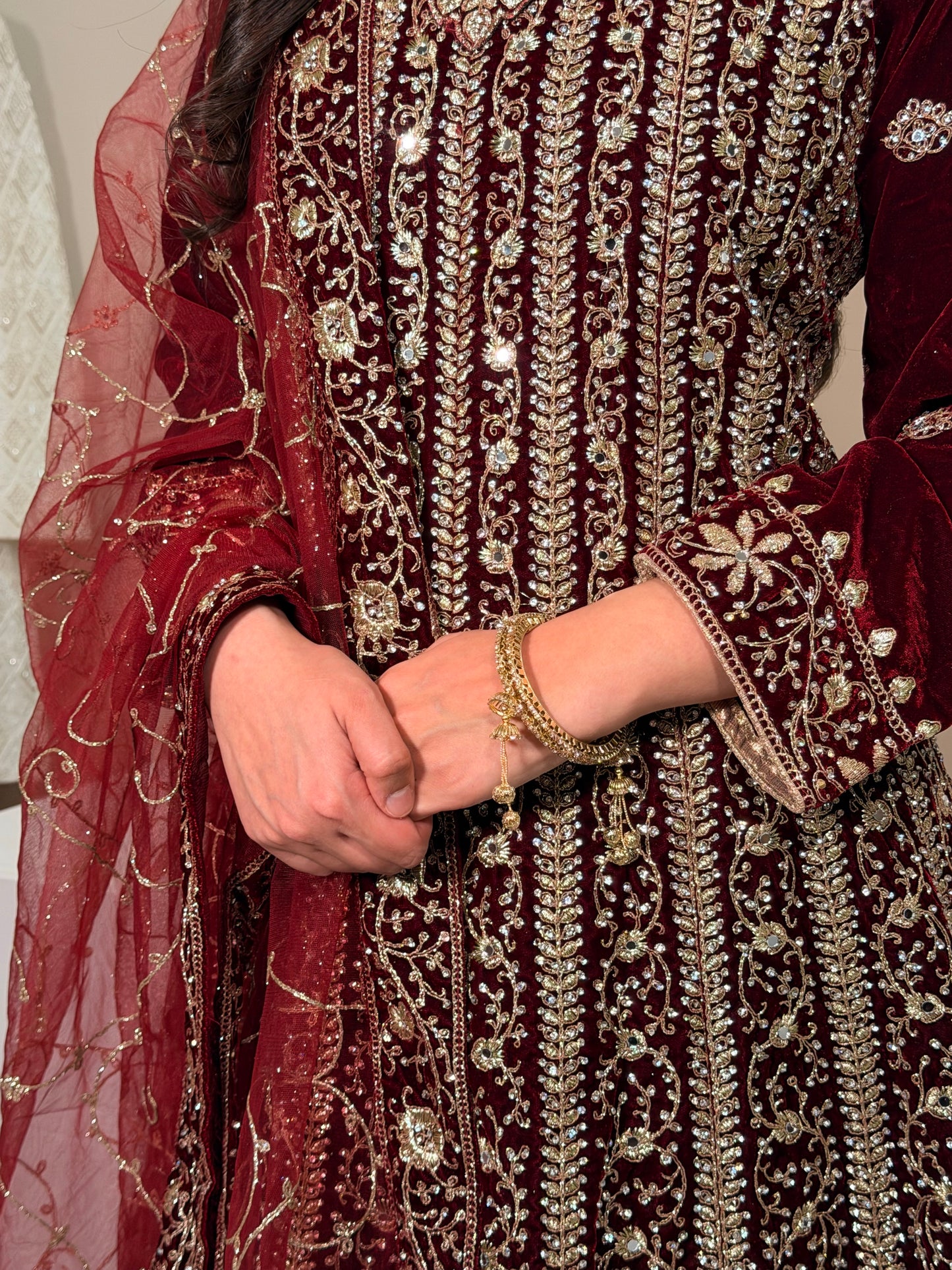 Maroon Velvet Lehenga with Clutch
