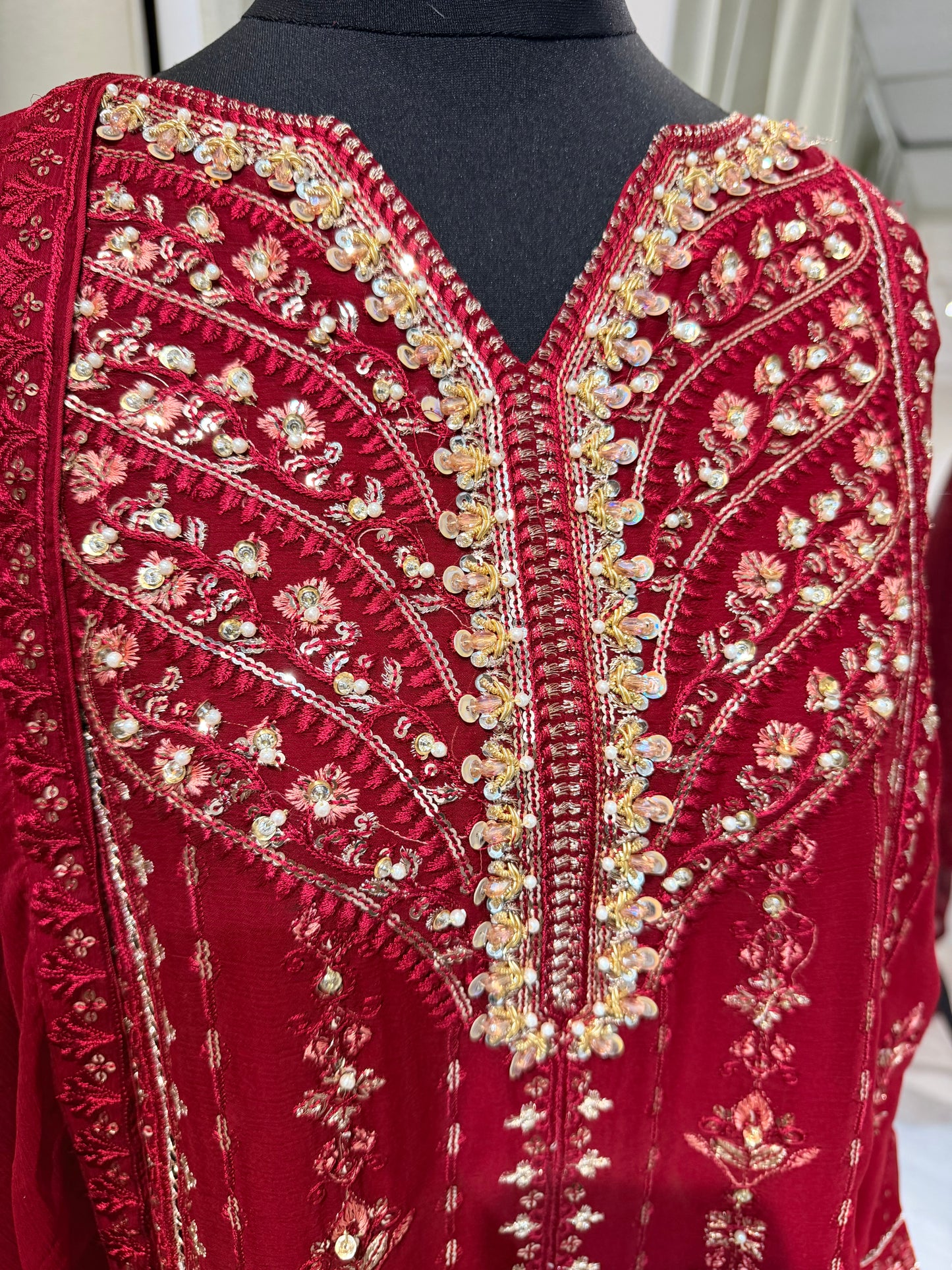 Embroidered Chiffon Sharara with work- Maroon