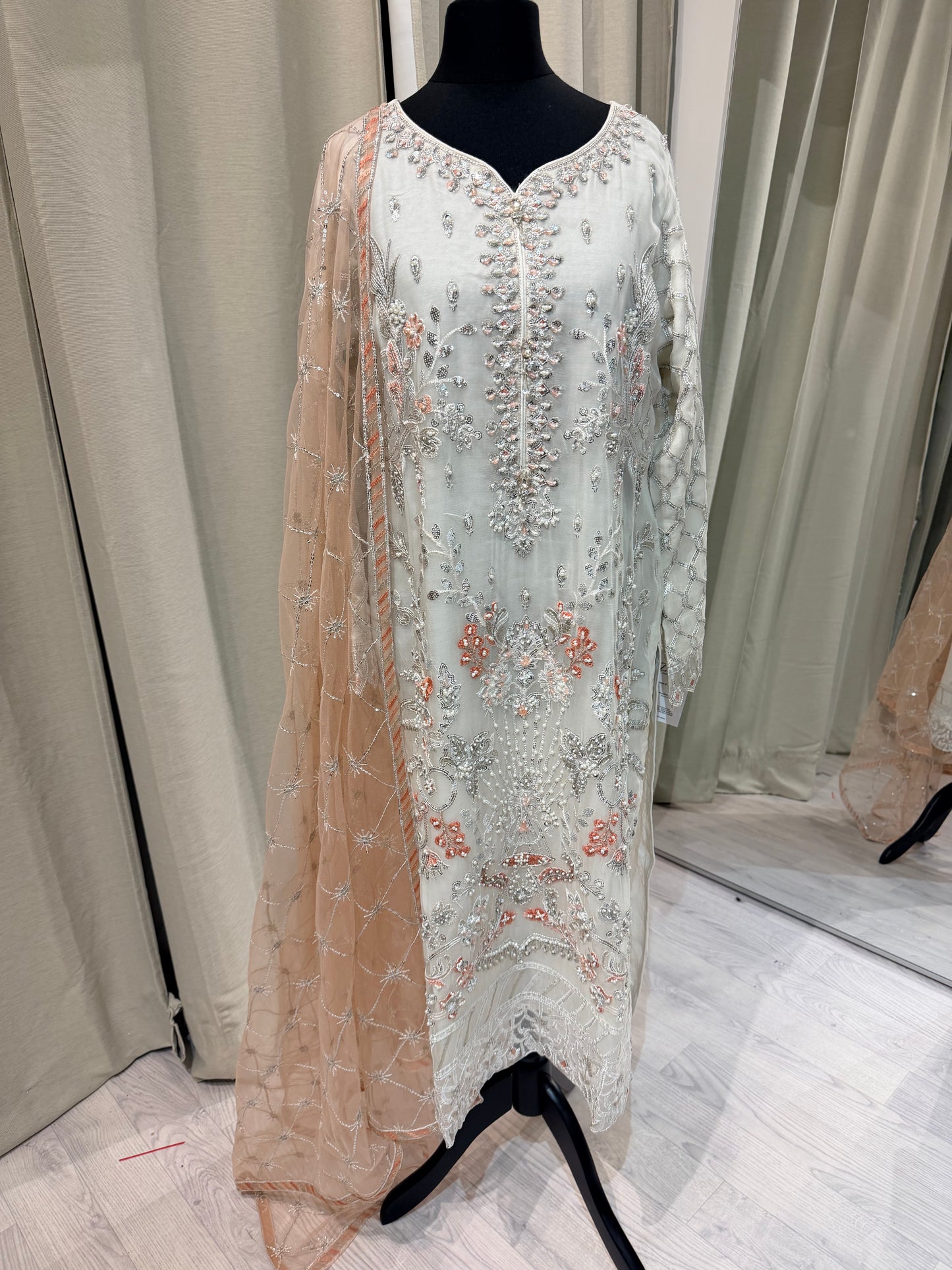 Luxury Embroidered Chiffon Collection- white peach