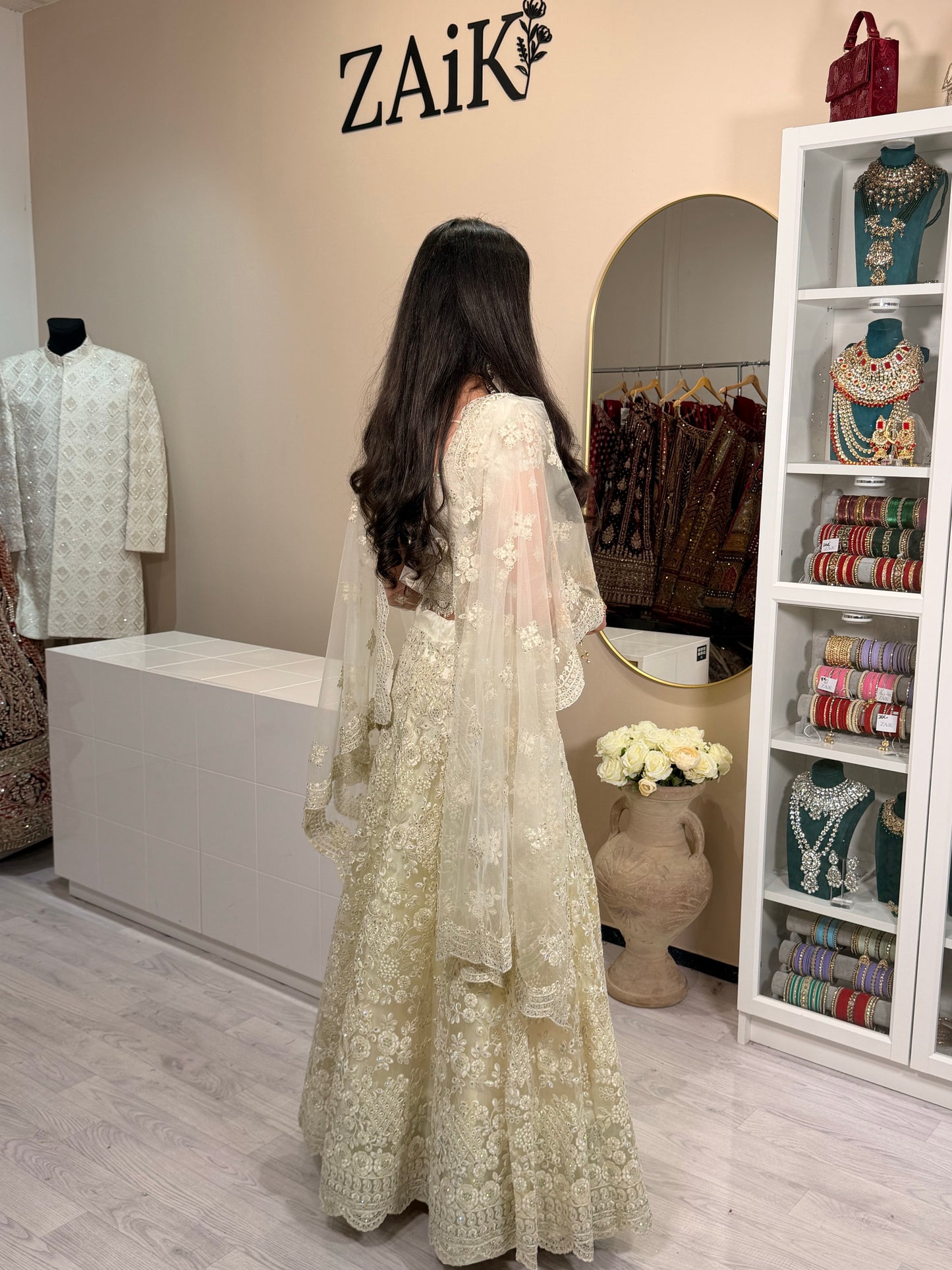 Off White Net & Silk Lehenga