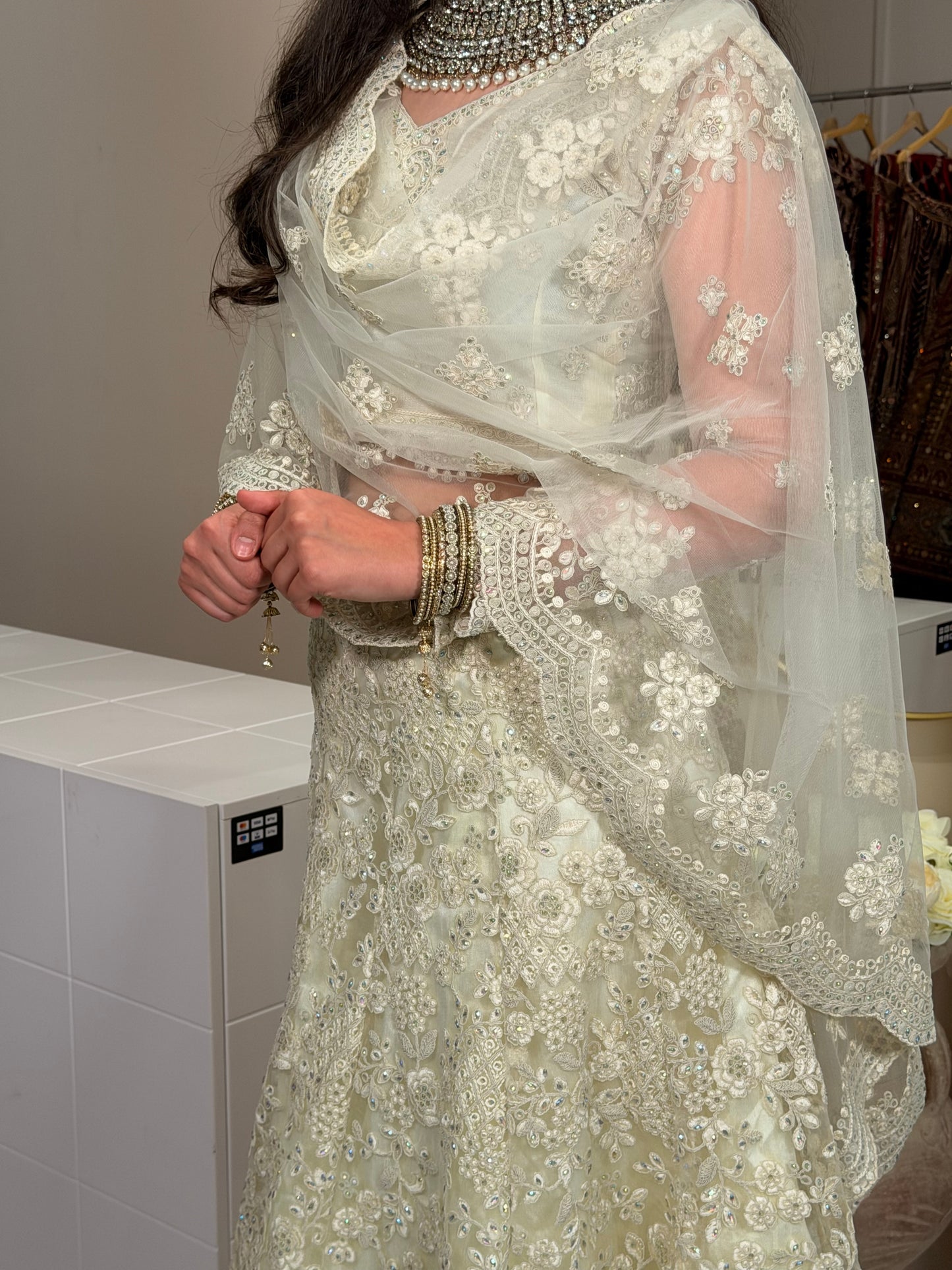 Off White Net & Silk Lehenga