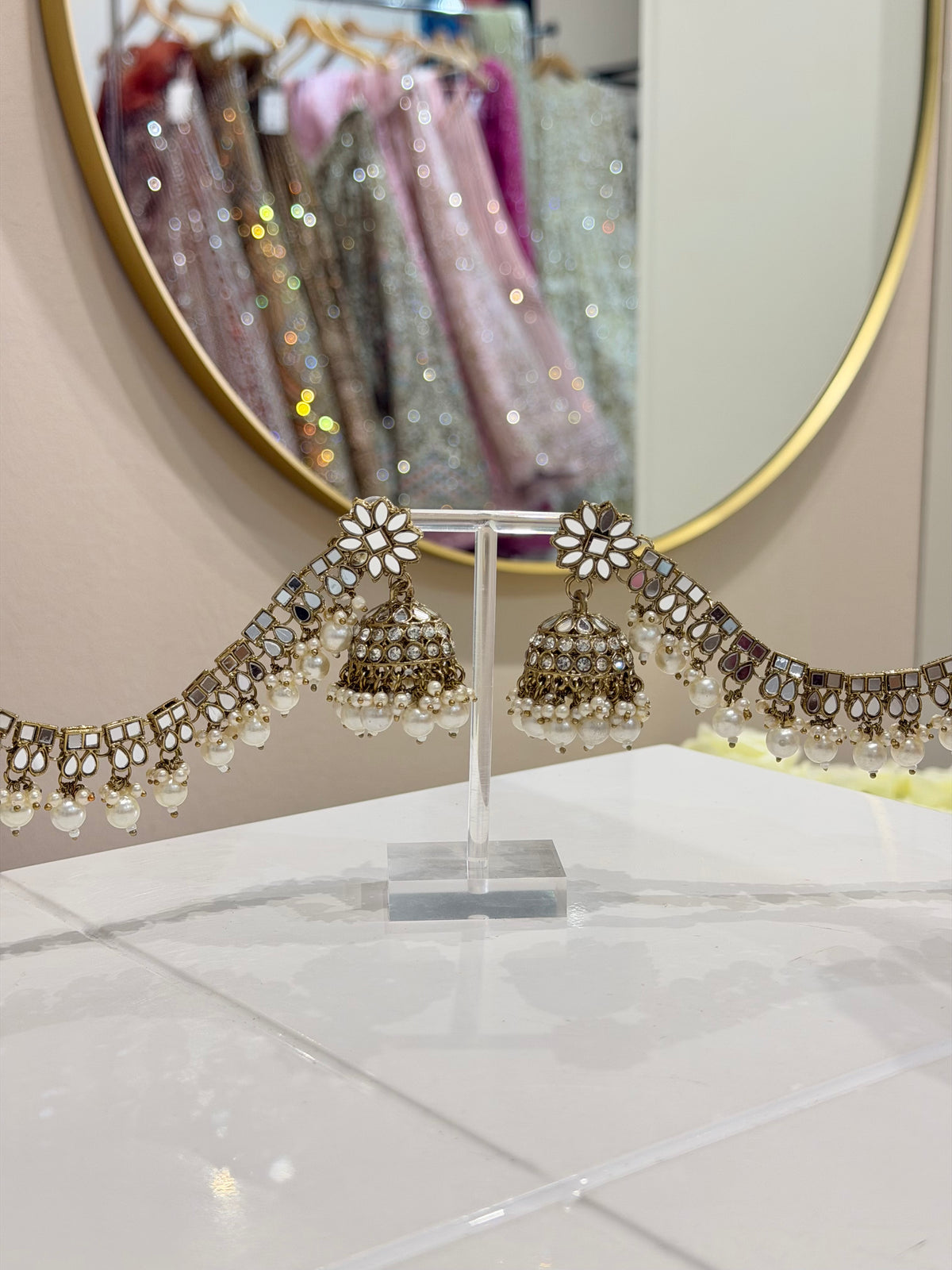 Mirror Jhumki Earrings with Chain Jewellery