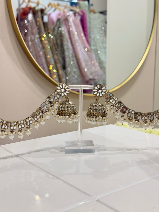 Mirror Jhumki Earrings with Chain Jewellery