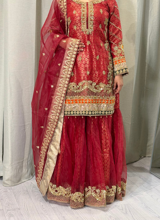 Banaras Print Red Net Gharara