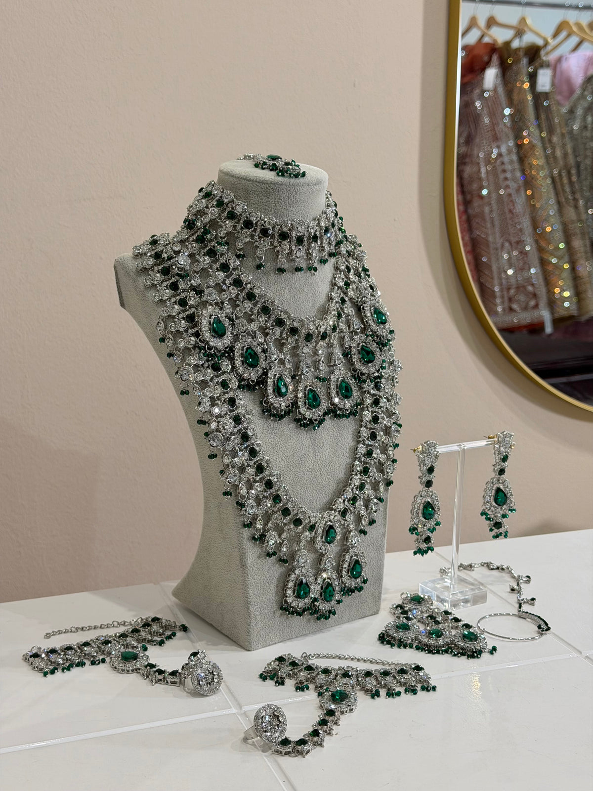 Emerald Green / Silver AD Bridal Jewellery Set