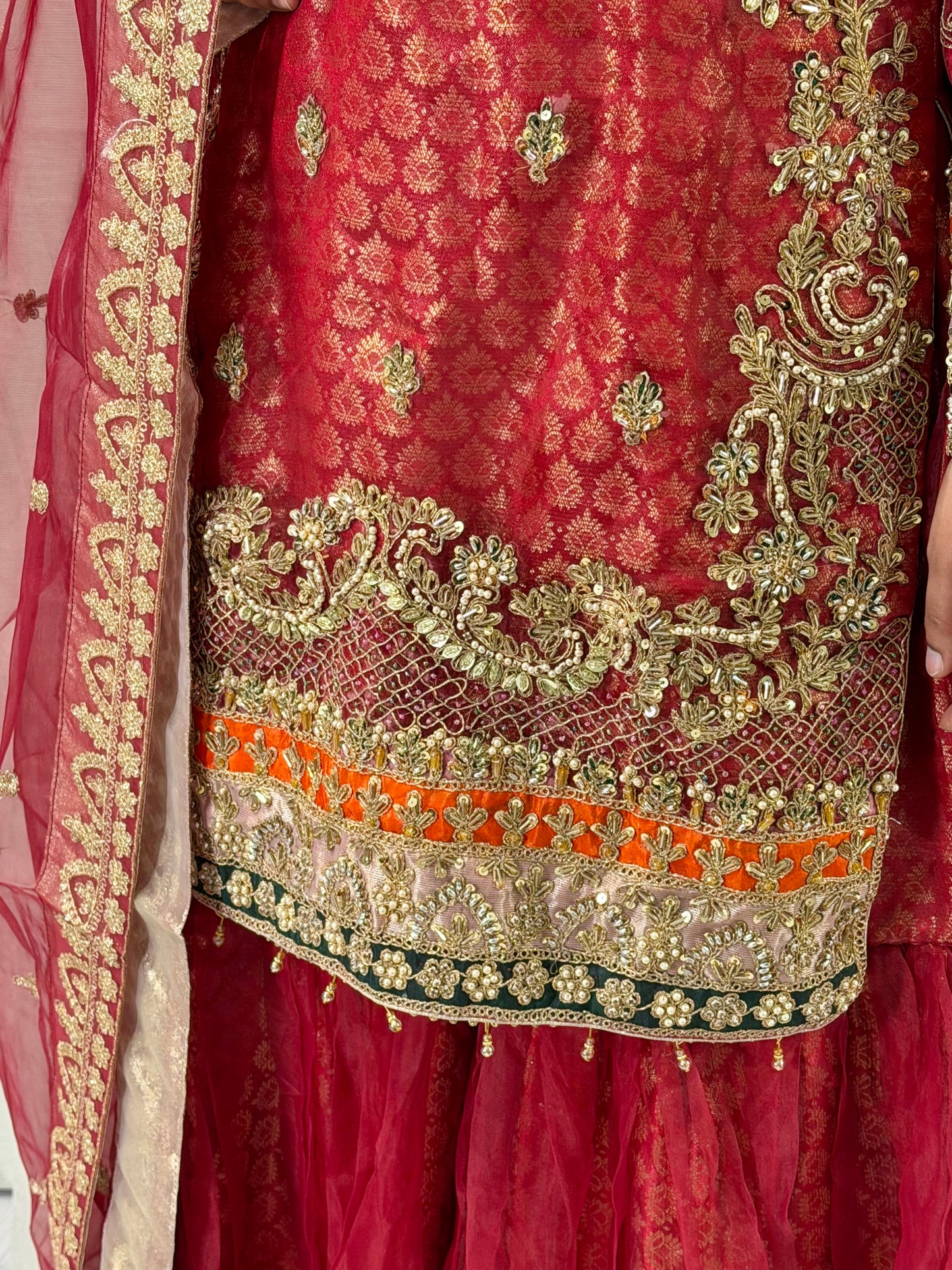 Banaras Print Red Net Gharara