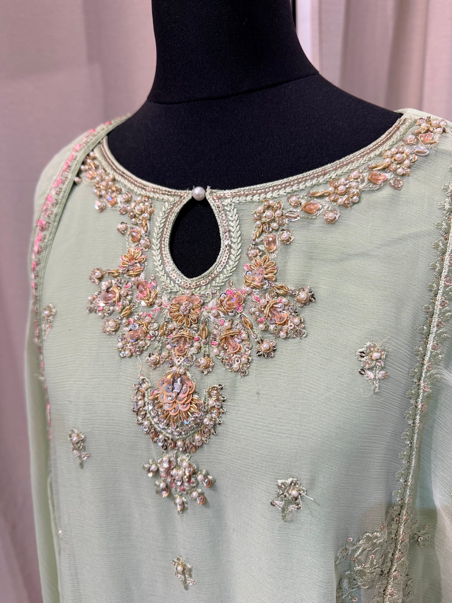 Embroidered Chiffon with work- avacado green