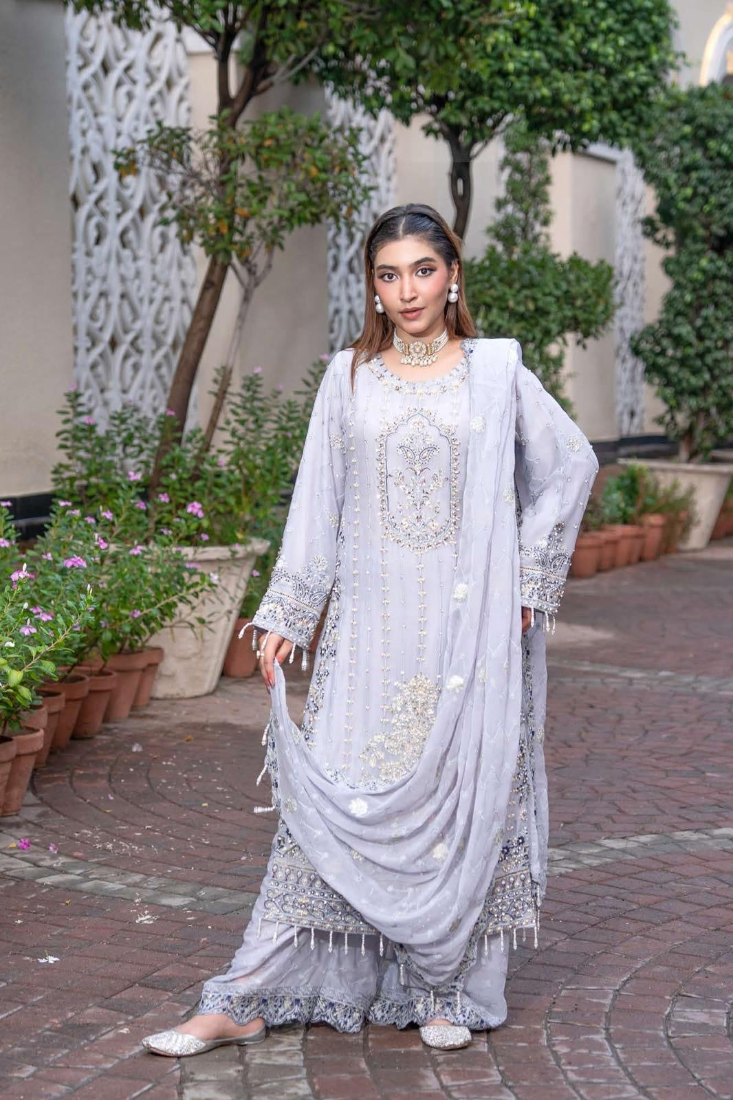 Chiffon Lux Embroidered Suit- design 9