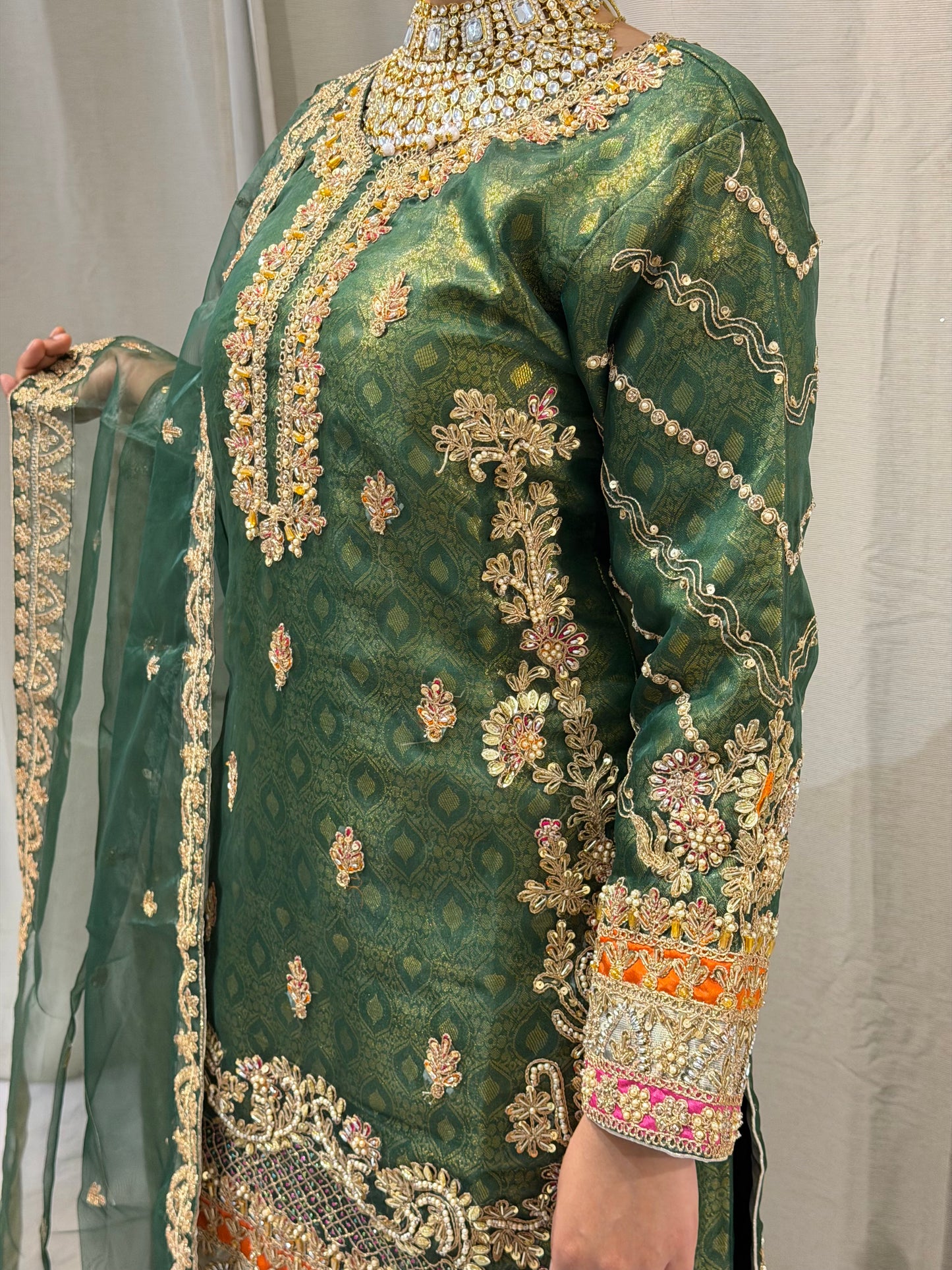 Banaras Print Forest Green Net Sharara