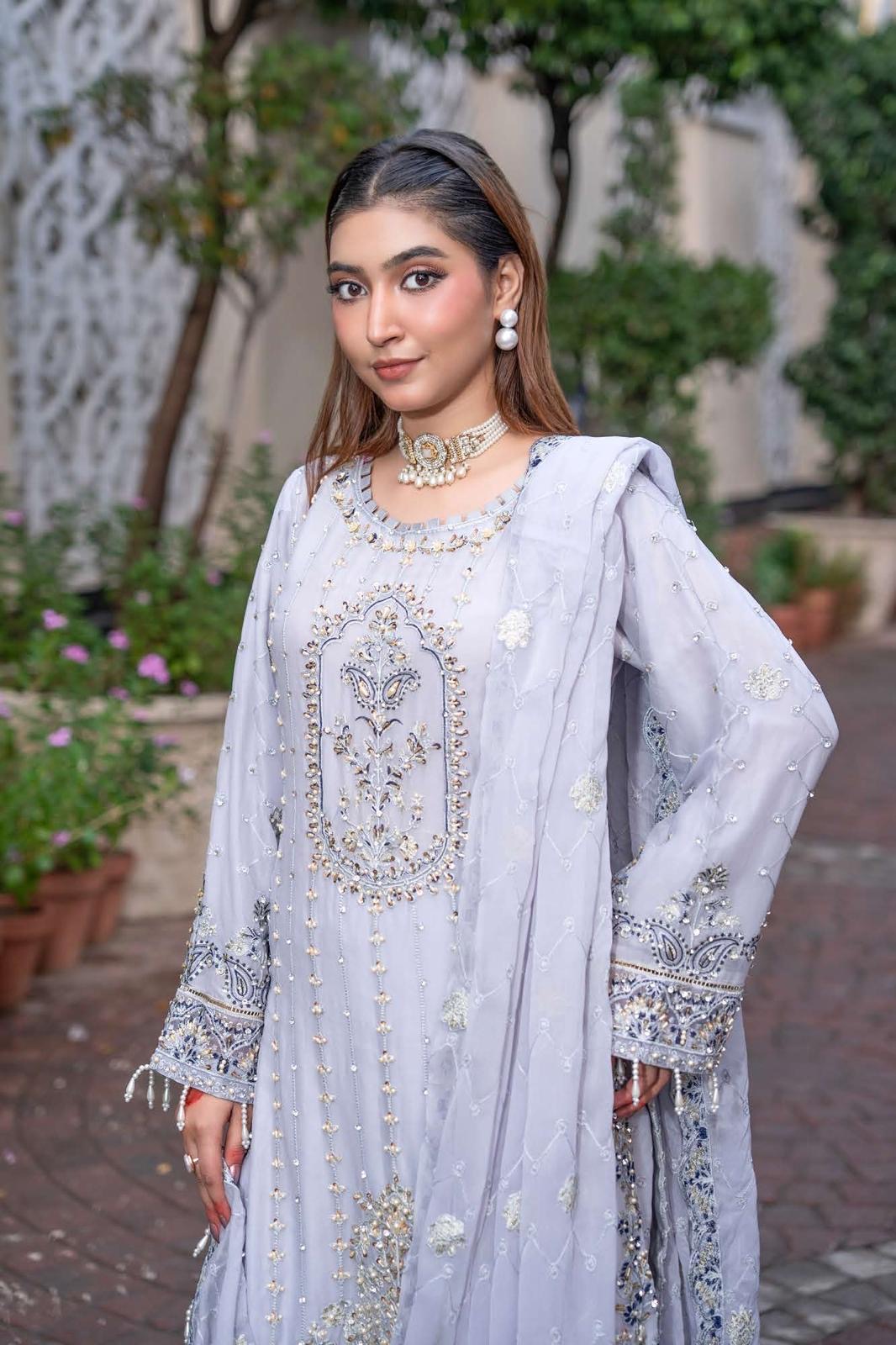 Chiffon Lux Embroidered Suit- design 9