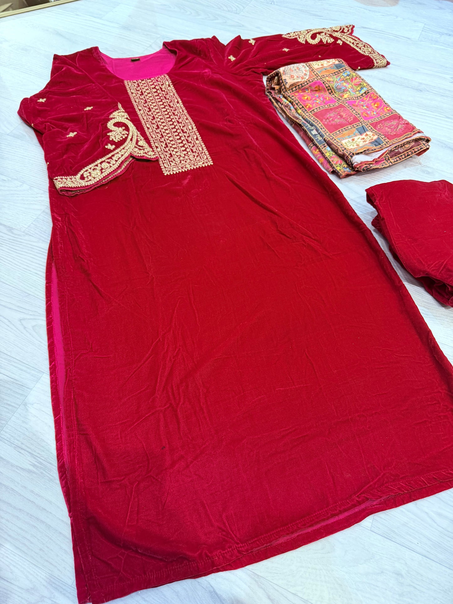 Velvet Festive 3-Piece Suit – Red- Multi colour dupatta