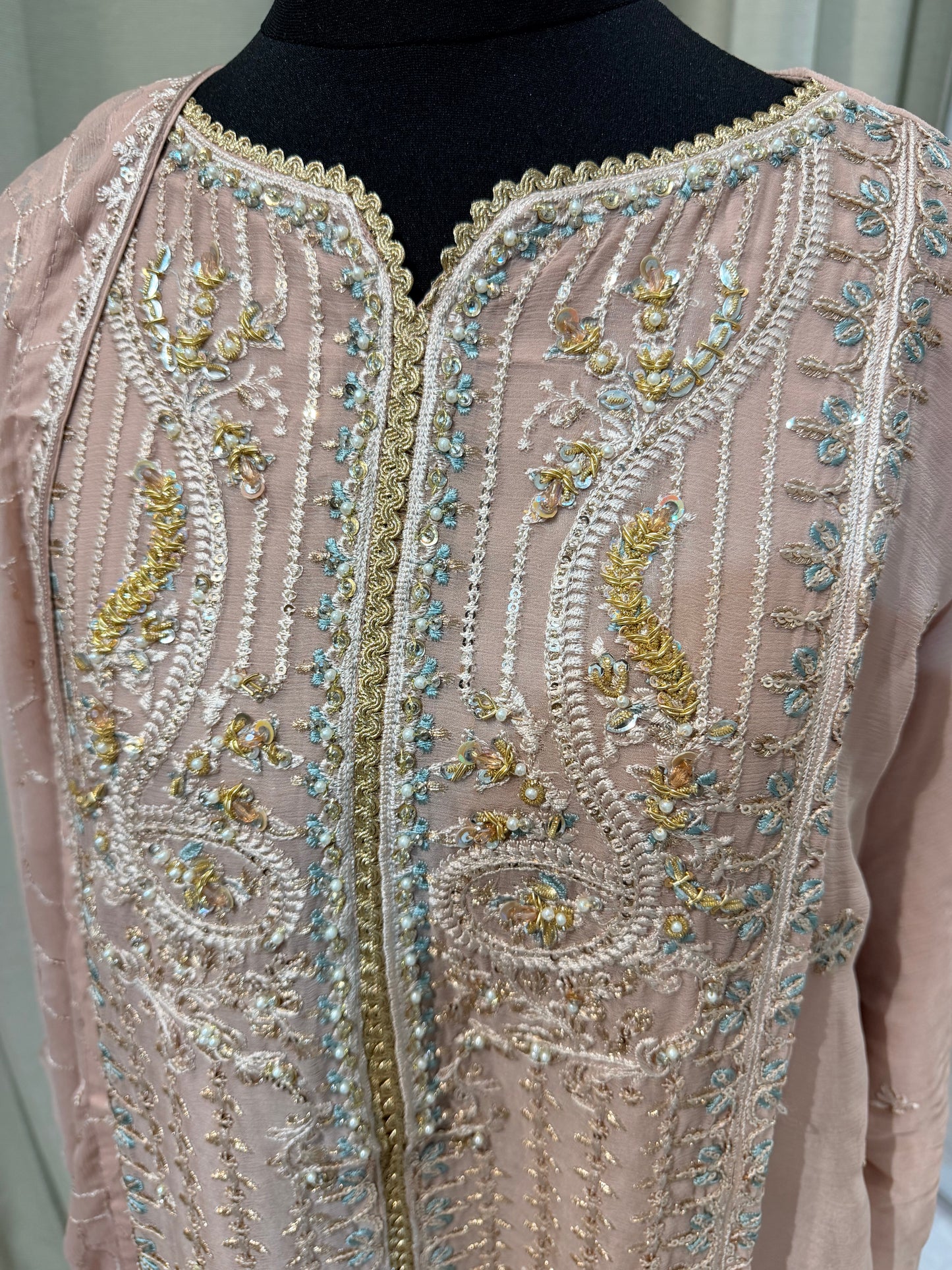 Embroidered Chiffon Sharara with work- Dusty pink