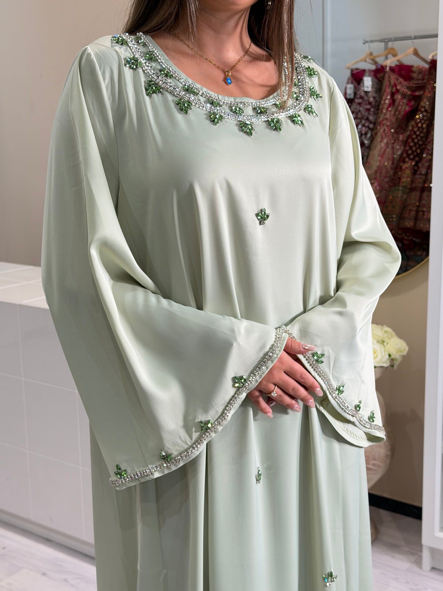 Avocado green Kaftan + Strass