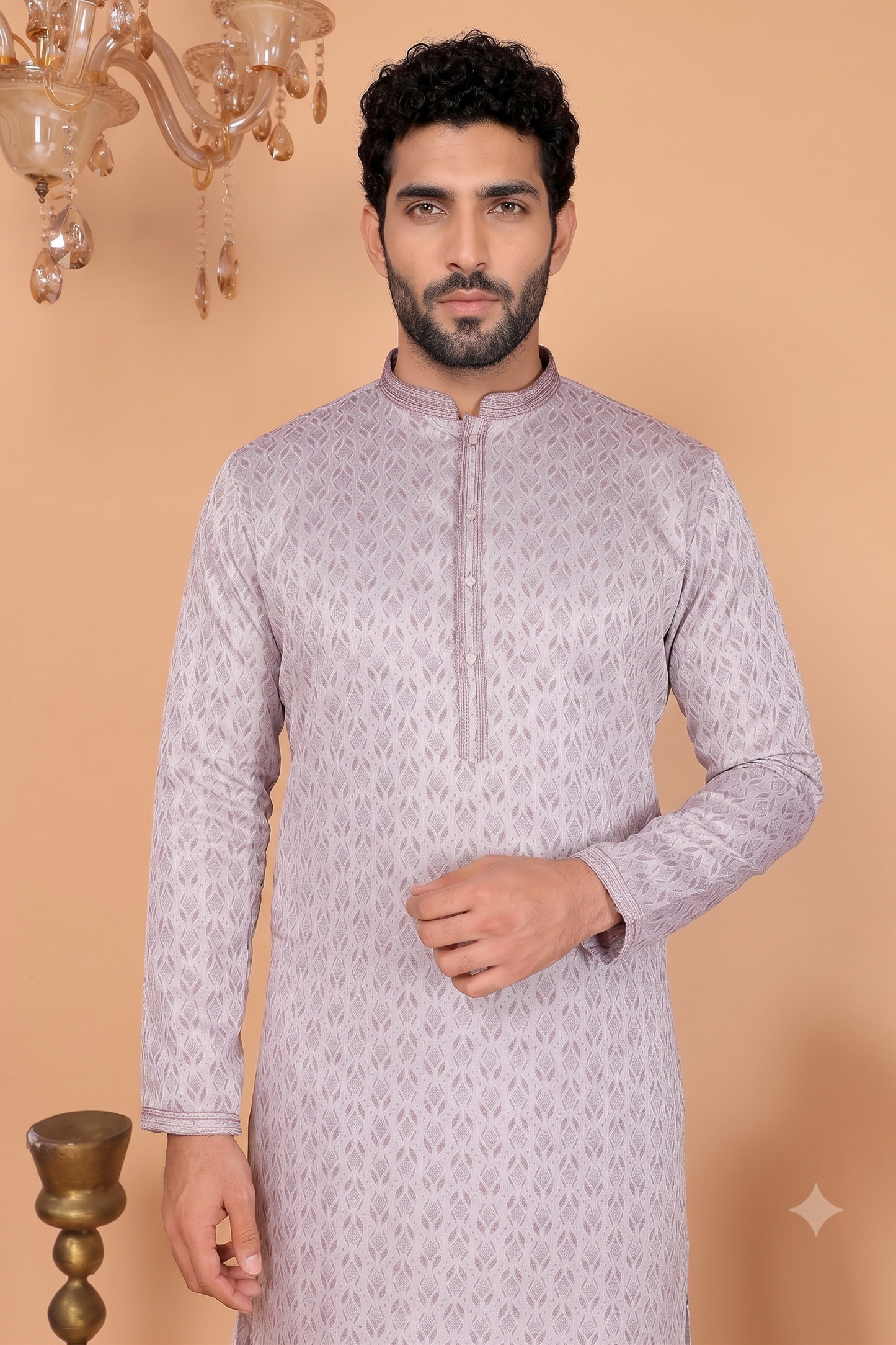 Jacquard Silk Kurta Pajama- Lilac