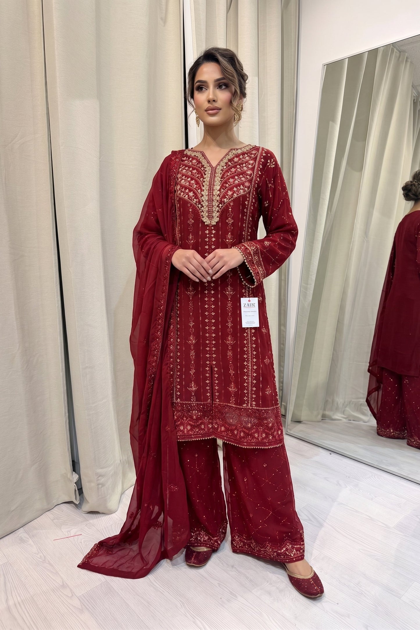 Embroidered Chiffon Sharara with work- Maroon