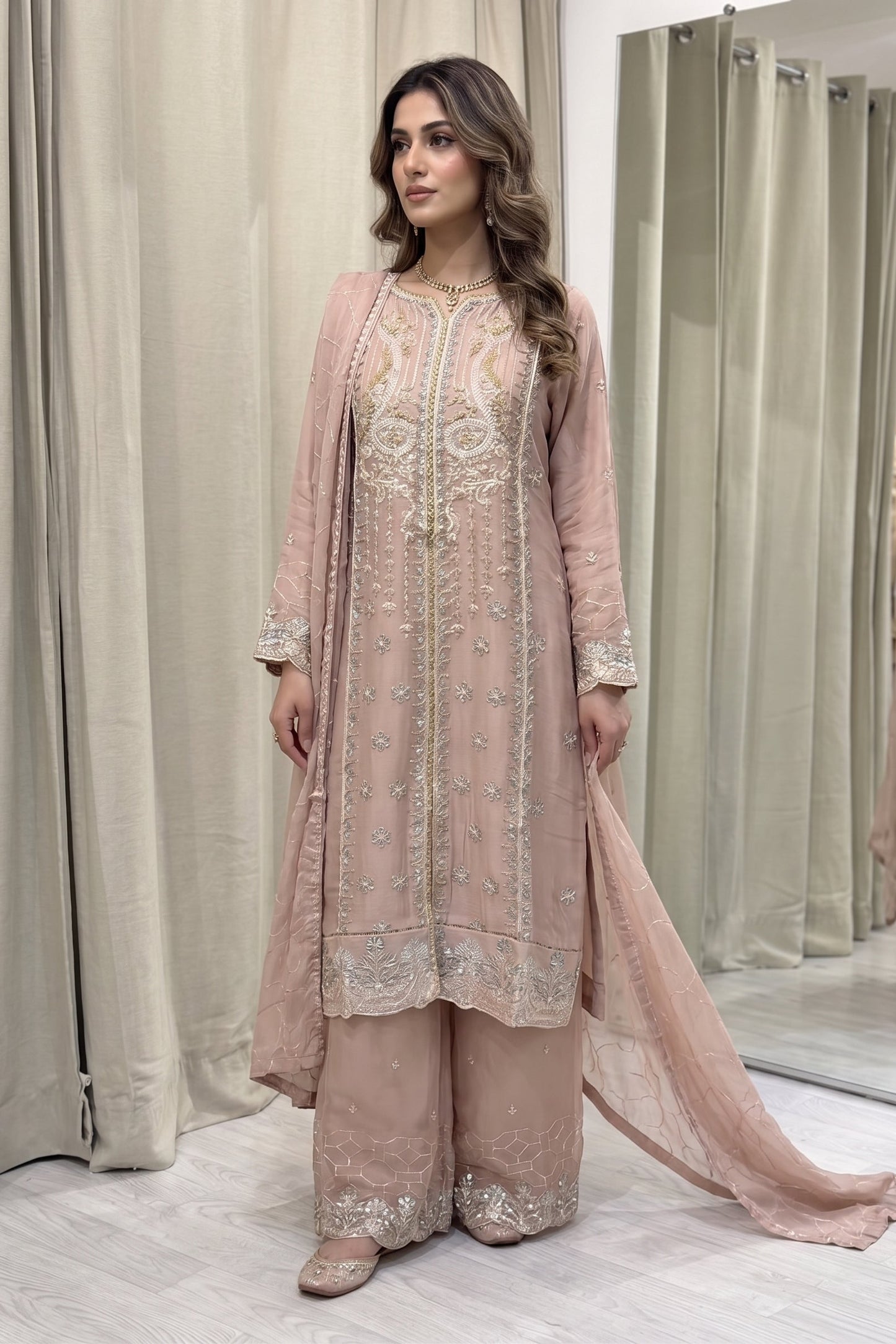 Embroidered Chiffon Sharara with work- Dusty pink
