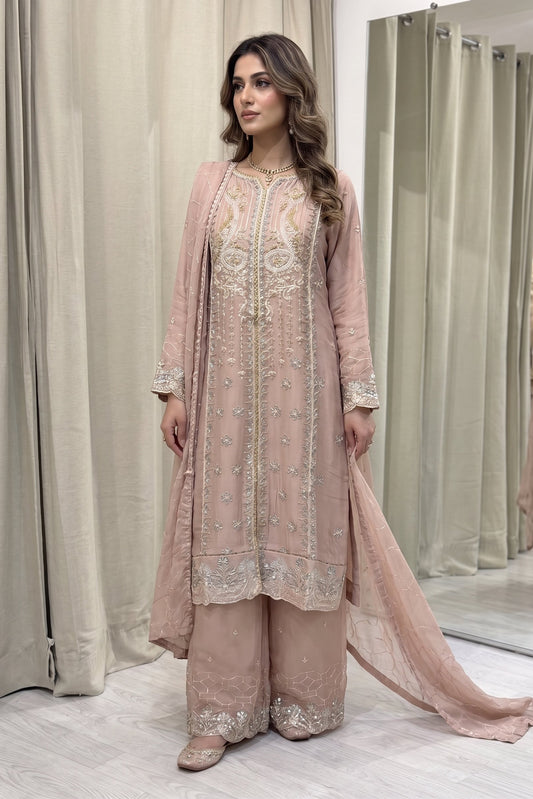 Embroidered Chiffon Sharara with work- Dusty pink