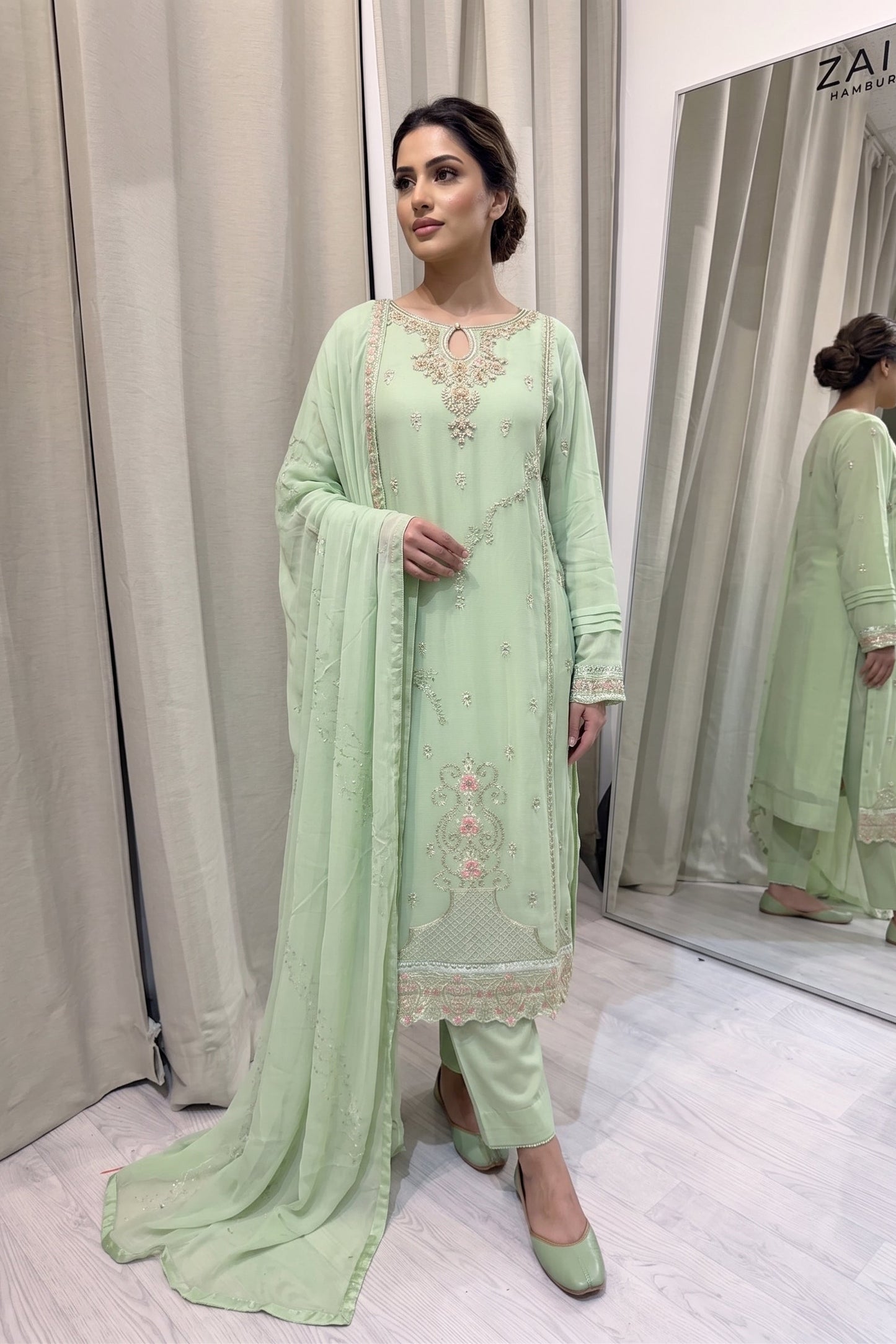 Embroidered Chiffon with work- avacado green