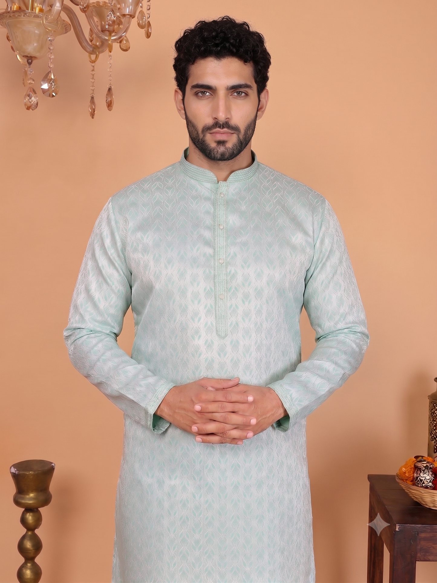 Jacquard Silk Kurta Pajama- Mint