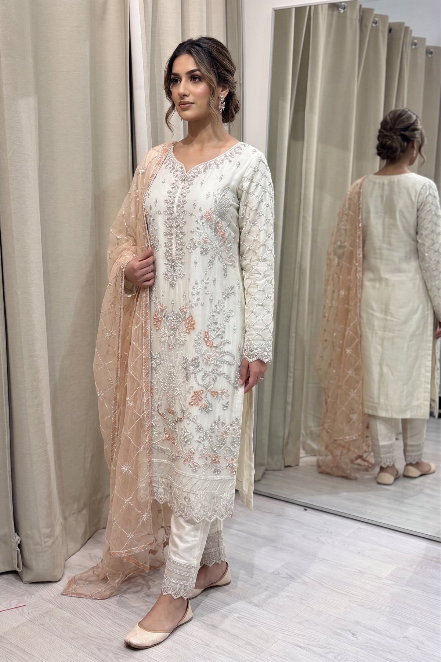 Luxury Embroidered Chiffon Collection- white peach