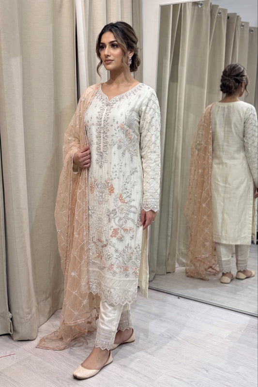 Luxury Embroidered Chiffon Collection- white peach