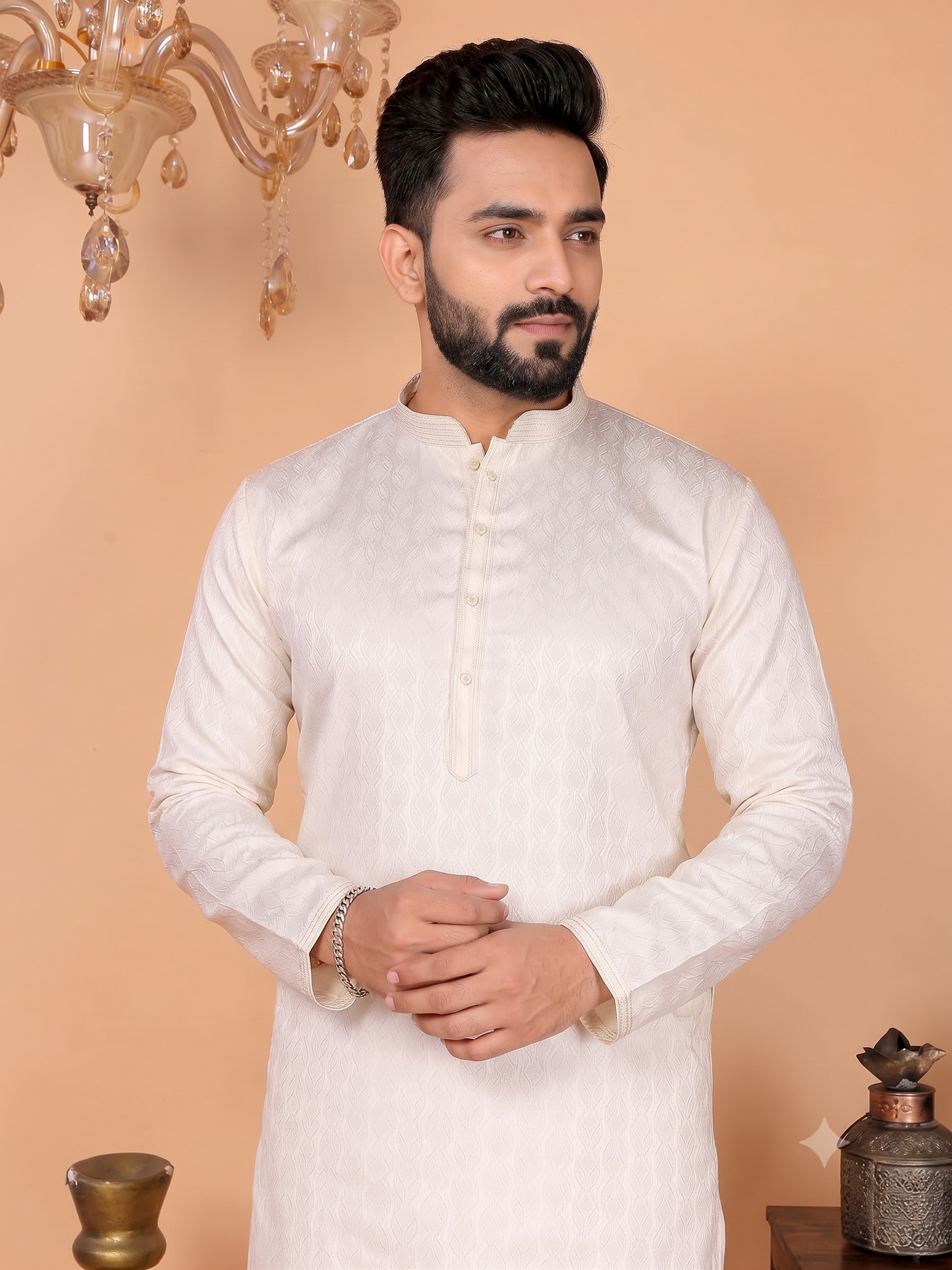 Jacquard Silk Kurta Pajama- Creme