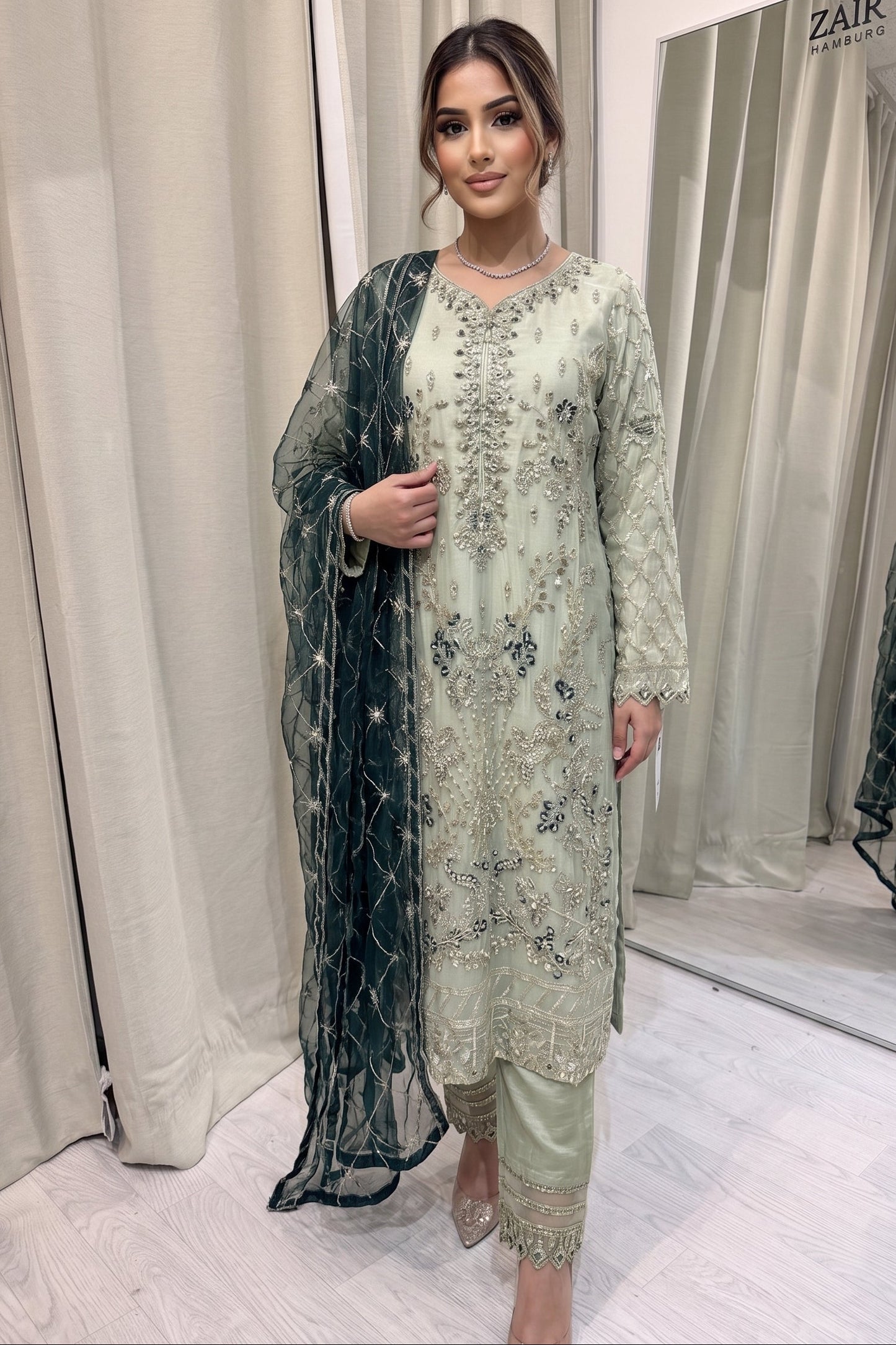 Luxury Embroidered Chiffon Collection- Olive green