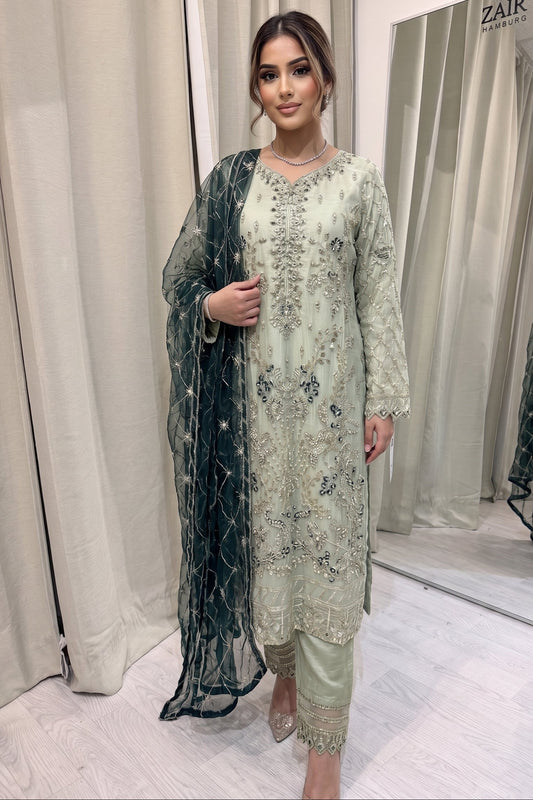 Luxury Embroidered Chiffon Collection- Olive green